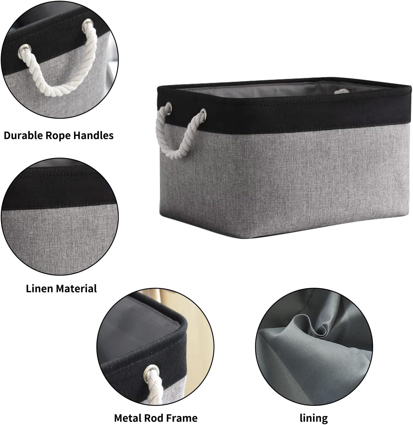TheWarmHome Collapsible Storage Bins - Large 3-Pack Fabric Organizers with Rope | 16x12x8 Inch (Black & Grey)