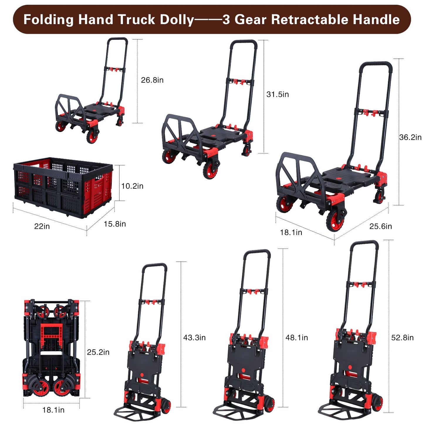2-in-1Hand Truck Dolly Foldable with Folding Basket,330LBS Capacity Handtruck,Hand Truck Foldable Dolly with 4 Wheels,Dolly Cart with Retractable Handle,Folding Hand Cart for Moving