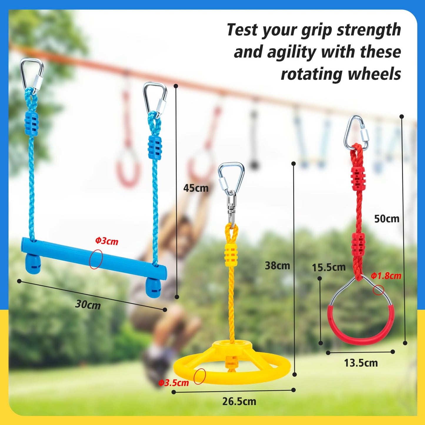 VECKYJL Ninja Warrior Obstacle Course Attachments - 7 Monkey Rings, 2 Monkey Bars, 2 Ninja Wheel, Backyard Obstacle Course Set Accessories for Backyard Outdoor Training