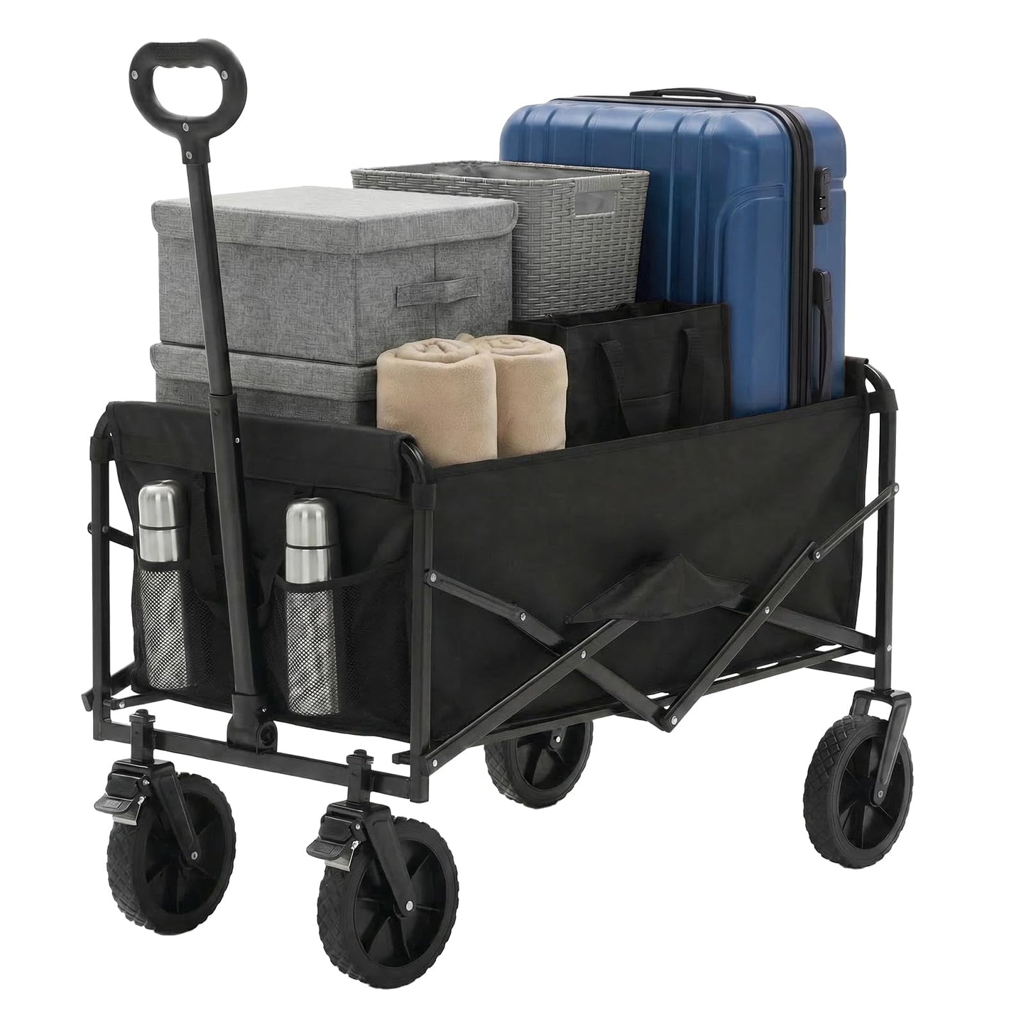 OLIXIS Collapsible Wagon 102L Standard Heavy Duty Utility Folding Wagon Cart with Lockable Brake Wheels – 330 lbs Weight Capacity, Flexible Handle for Beach, Grocery, Camping, Sports & Garden, Black