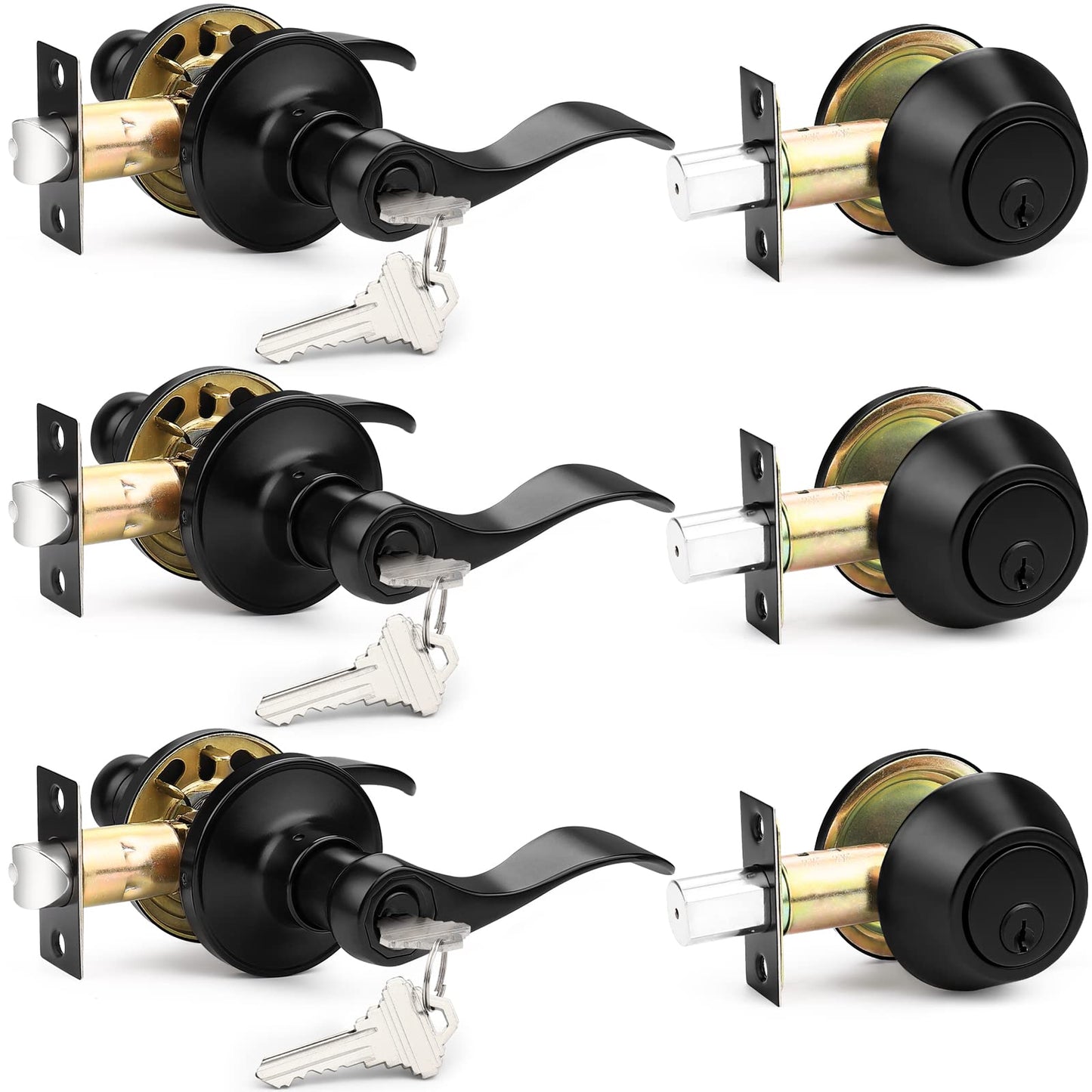 Probrico Front Door Handle and Single Cylinder Deadbolt Set, Black Exterior Door Handle with Deadbolt Lockset,Wave Reversible Door Lever Locks with Deadbolt Set, Keyed Alike 3Pack