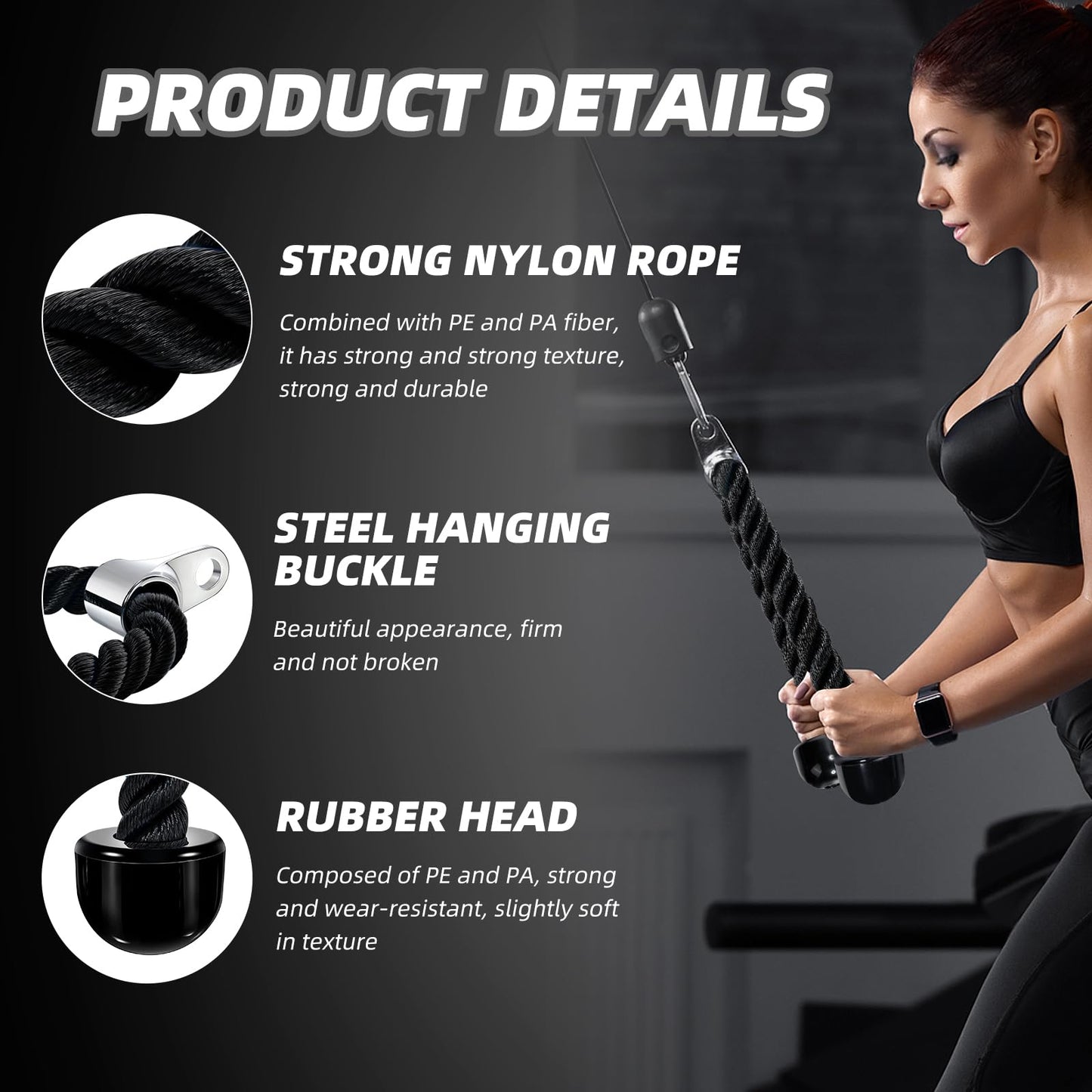 tchrules Universal Tricep Rope Pull Down - 28 Inch Heavy Rope Length, Easy to Grip & Non Slip Cable Attachment, Suitable for Professional Gyms (Black)