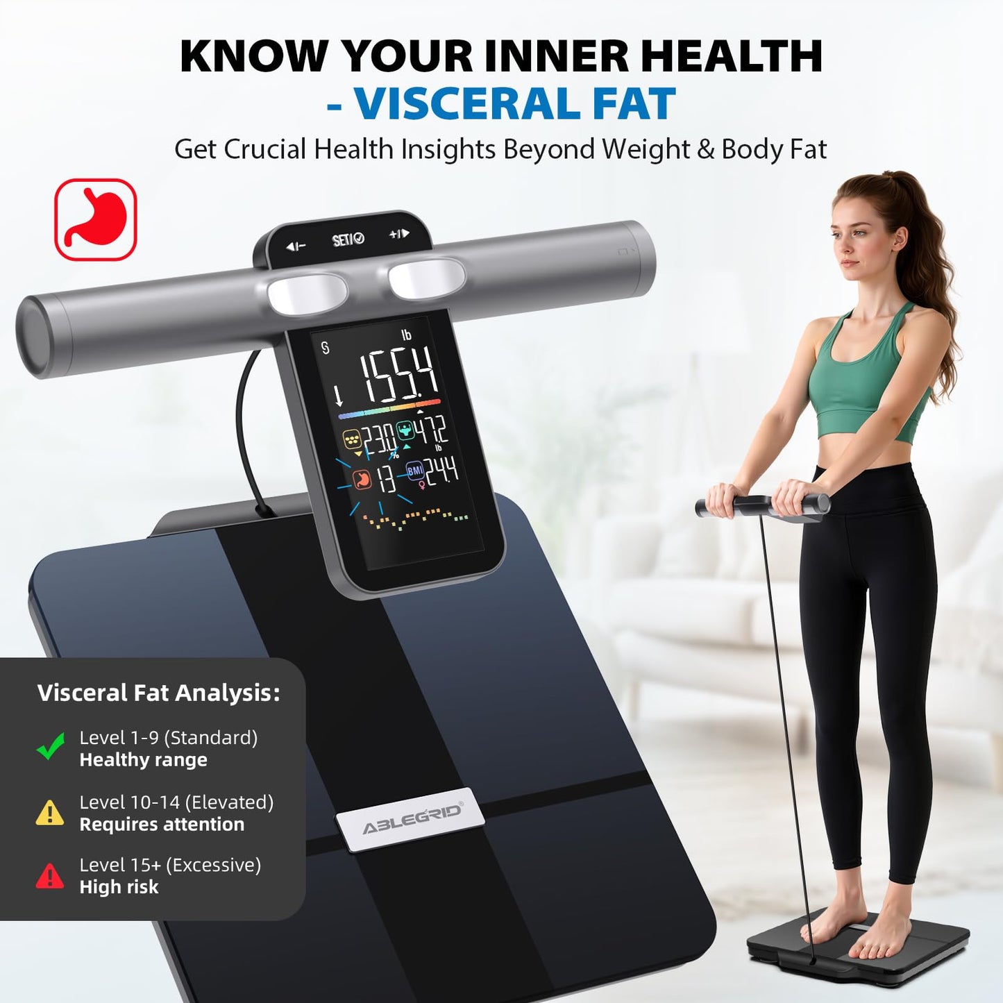 ABLEGRID 8-Electrode Digital Smart Bathroom Scale for Body Weight and Fat Percentage,Full Body Composition Analyzer with Gradient Trends Display,12.2" Platform Handle BMI Weighing Machine,400lb