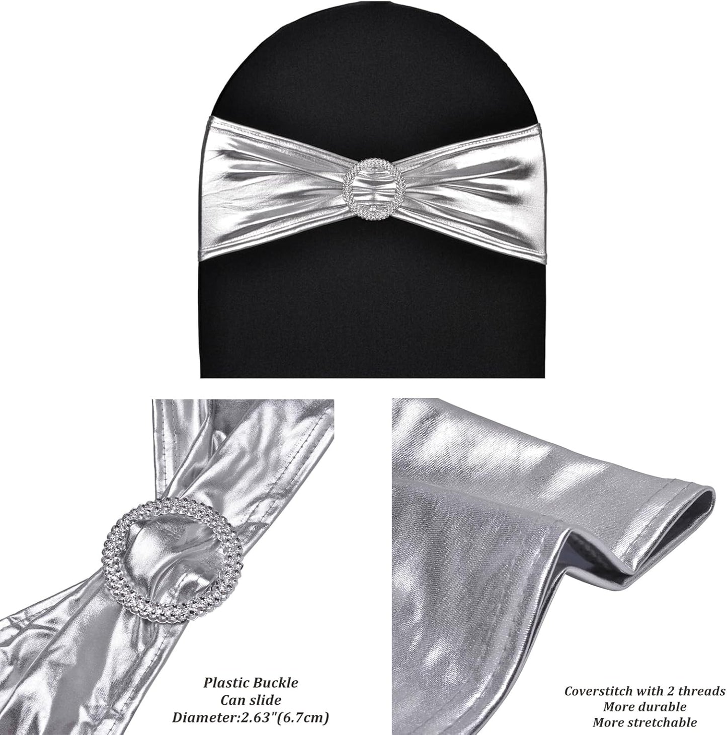 Skiennix Metallic Silver Stretch Chair Sashes - Durable Spandex Fitted Bows for Weddings & Events | 10 Pack