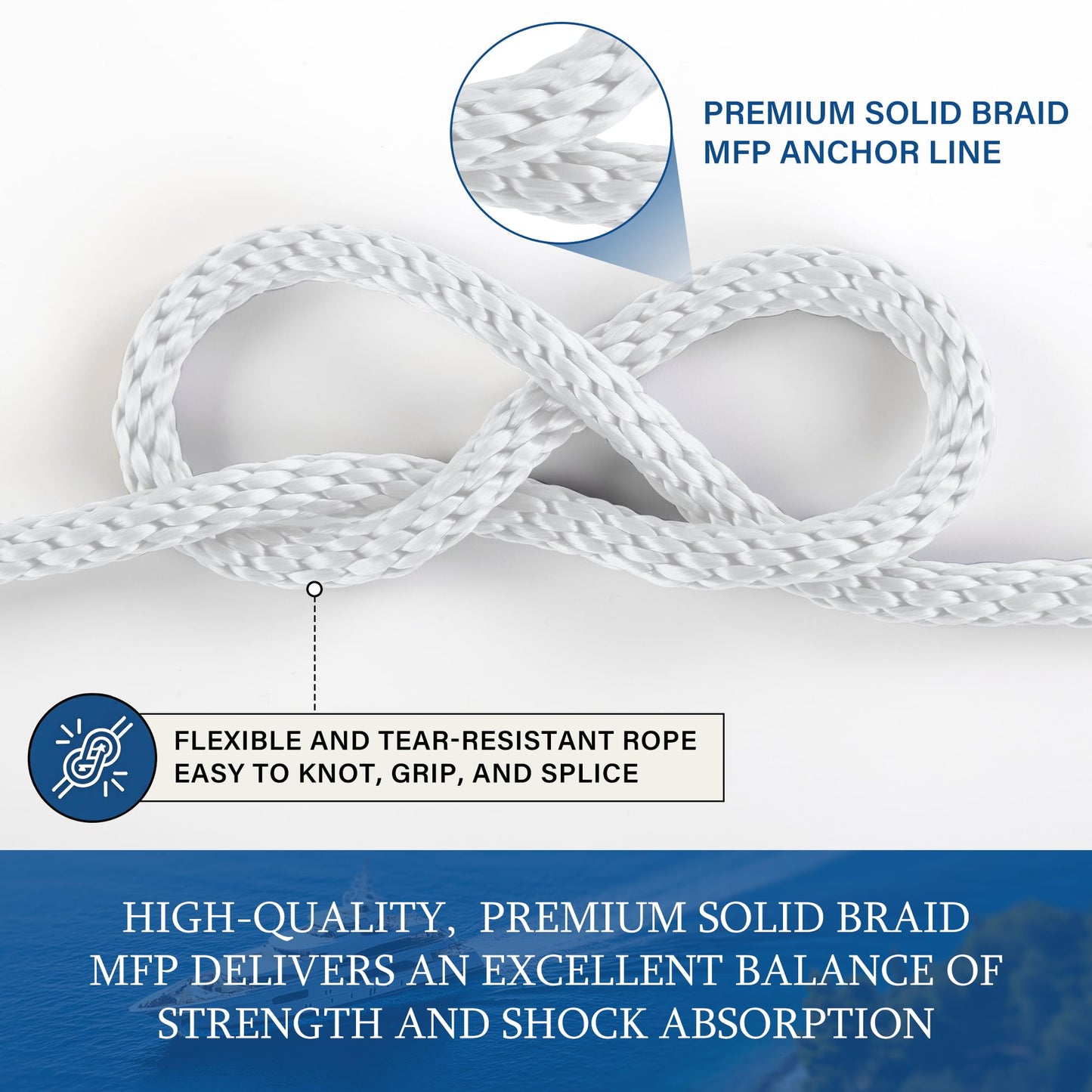 HOPESEILY 3/8 x 100FT Boat Anchor Rope, Premium Solid Braid MFP Marine Line with Stainless Steel Thimble & Shackle for Boats Jet Ski Yacht Dock, Heavy Duty (White)