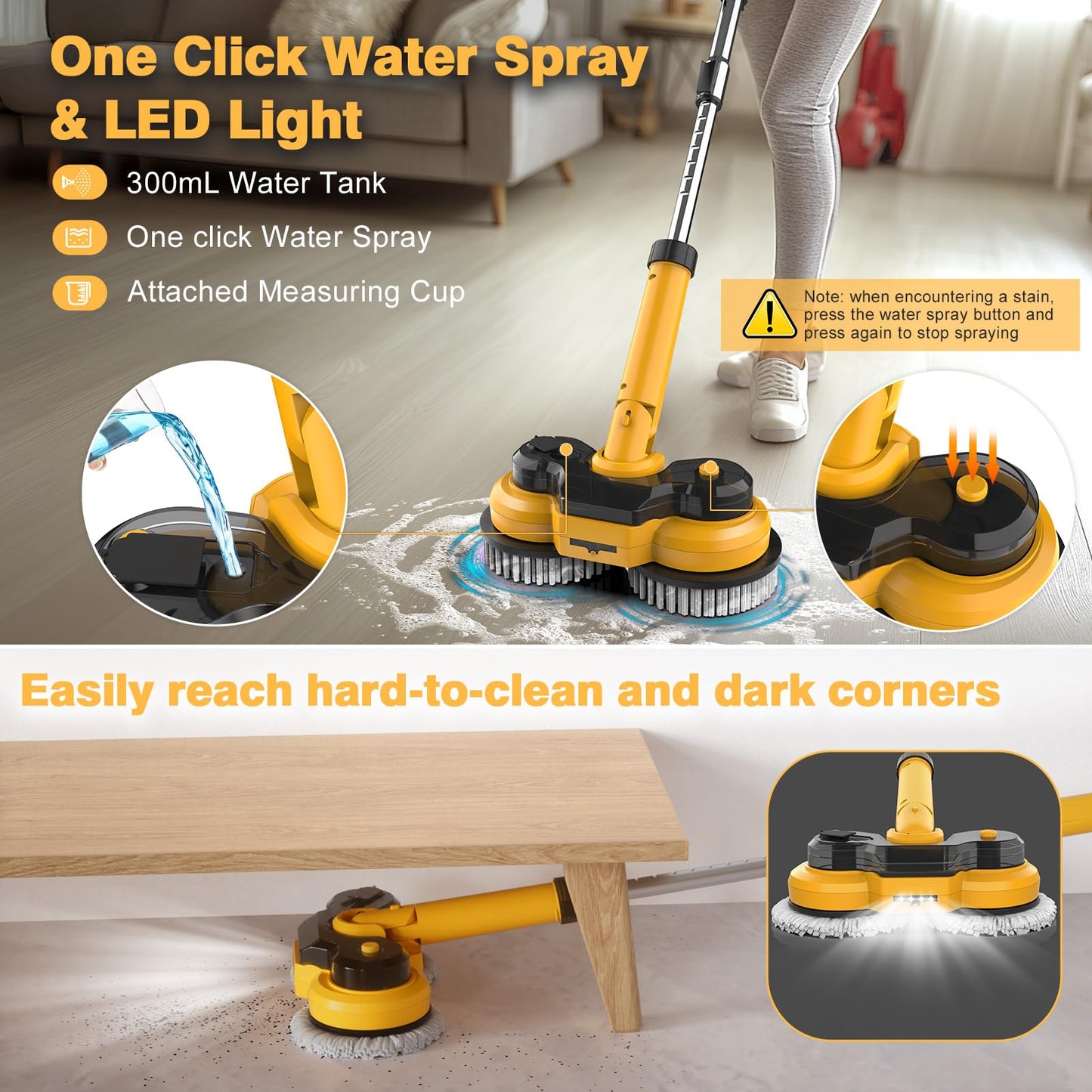 Cordless Electric Mop for Dewalt 20V Battery (NO Battery), 2 in 1 Spin Mop & Floor Scrubber Machine with LED Light & Water Spray, 800 RPM Electric Mops for Floor Cleaning, Hardwood,Tile (White)