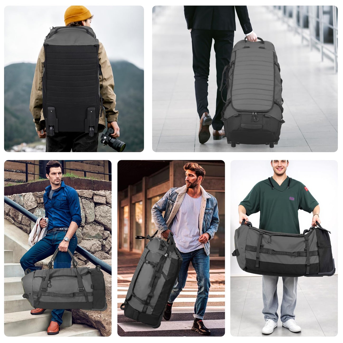 Vrtisa 85L 29“ Foldable Rolling Backpack with Wheels, Soft-side Travel Duffle Bag with Separate Shoe Compartment, Full Quilted Bottom, Grey