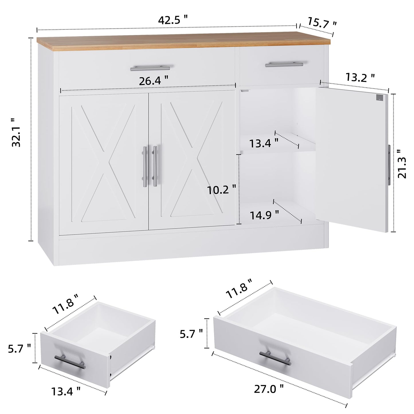 Shintenchi Modern Farmhouse Sideboard Buffet Cabinet with Storage with 3 Doors,42" Barn Doors Buffet Cabinet with Storage, Wood Coffee Bar Cabinets with Adjustable Shelf for Kitchen Living Room,White