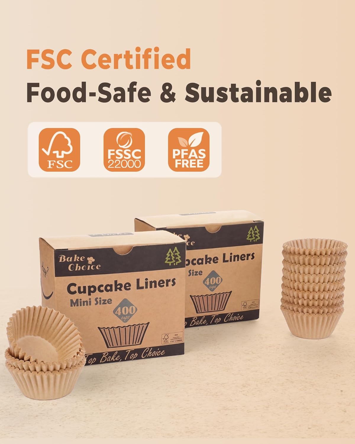 Bake Choice Mini Cupcake Liners - 400 Pcs Non-Stick Natural Parchment for Baking & Muffins