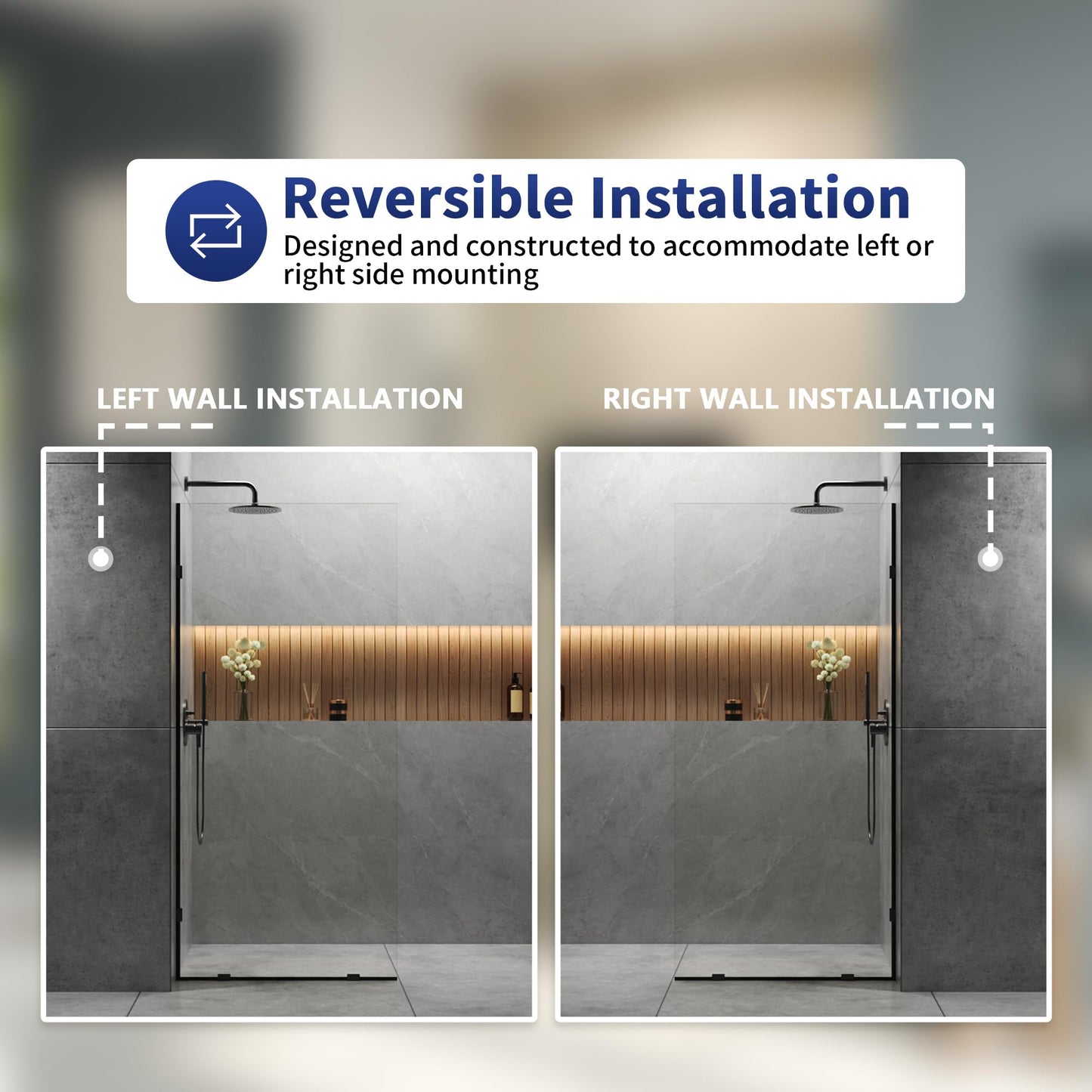 DeerValley 34"×74" Shower Glass Panel, 5/16'' (8mm) Thick Fixed Glass Shower Panel, Frameless Shower Screen for Walk in Shower, Tempered Glass Half Door with Stainless Steel Clamps (Black)