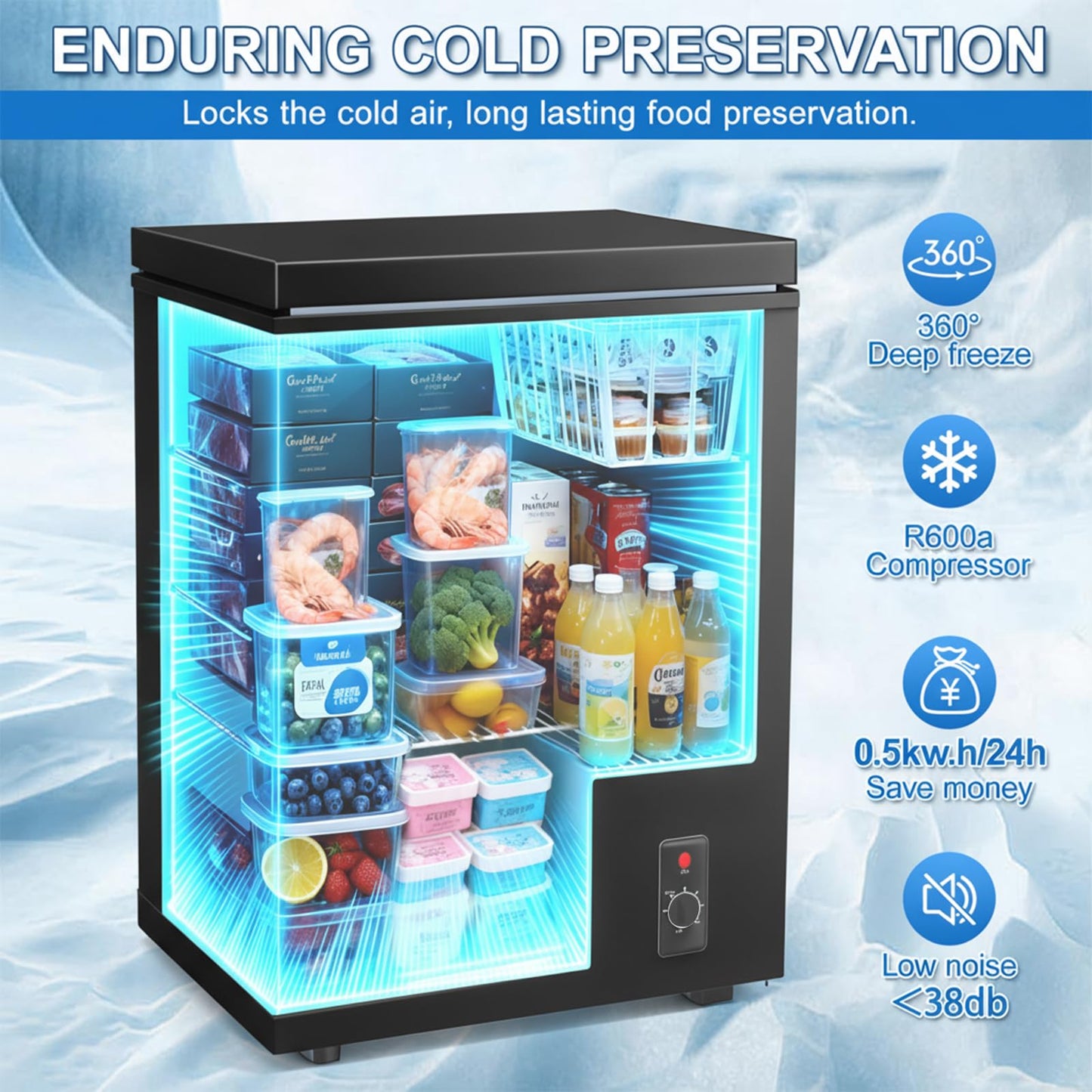 PLENTORA 3.5 Cu.Ft Small Chest Freezer Compact Deep Freezer with 7-Level Temperature Control, Rapid Cooling, Energy Efficient & Quiet for Home, Garage, Apartment, and Kitchen, Black