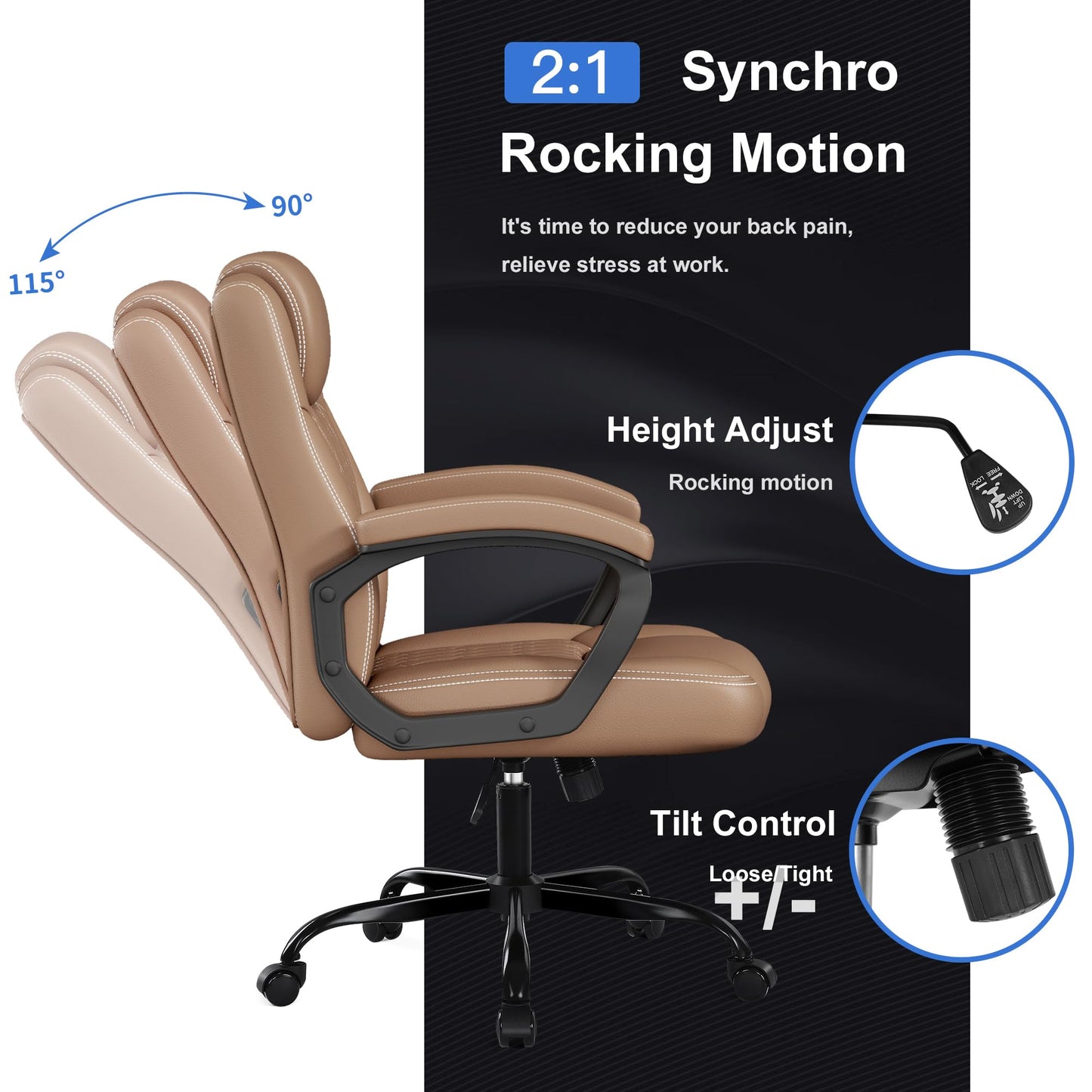 Misolant Office Chair, Executive Desk Chair, PU Leather Comfortable Ergonomic Chairs with Fixed Armrest, Adjustable Height, Rocking Function, 360° Swivel Wheels, Brown