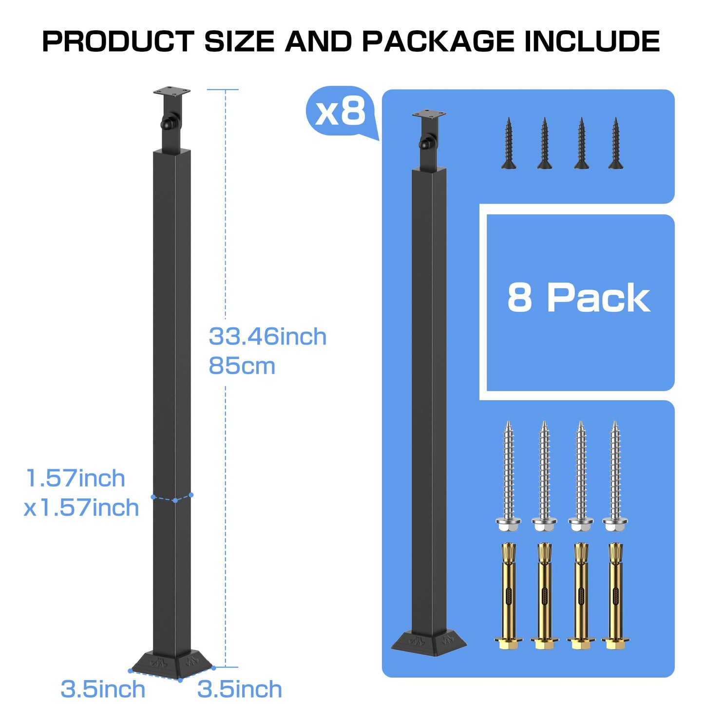Front Mount Stair Railing Post, 33.46 Inch Black Metal Baluster Spindles with 270° Adjustable Bracket for Indoor Stairs, Deck, Porch & Balcony Railing