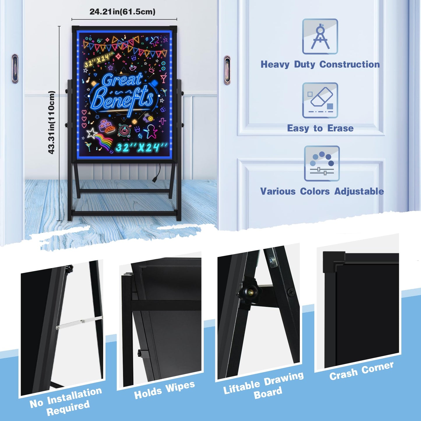 Hosim Standing A-Frame LED Message Writing Board, 32”x 24" Illuminated Erasable Neon Restaurant Menu Sign Board with 8 Colors Markers & 16 Lighting Colors DIY Chalkboard Light Up Sign