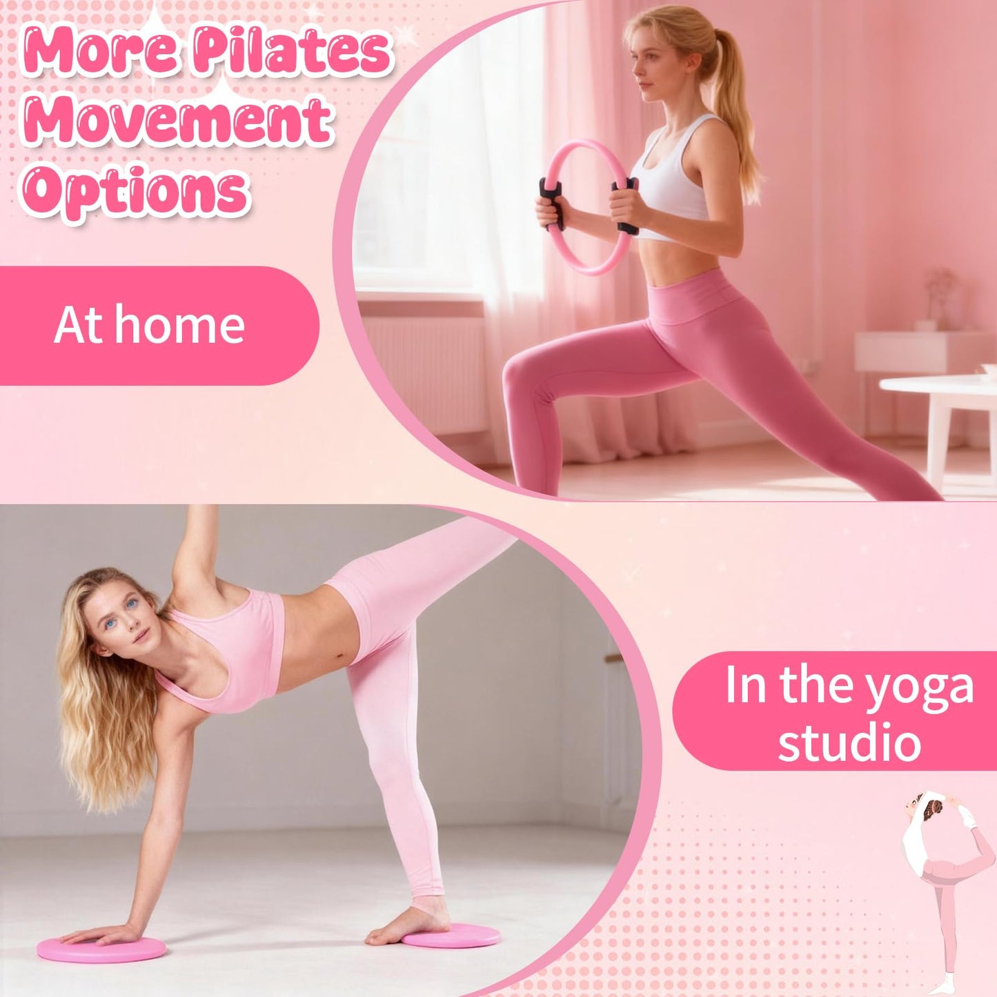 Pilates Equipment Kit for Home Workouts - 18pcs Set- 14'' Pilates Ring and Ball Set for Women, Pilates/Yoga Accessories Kit with Wrist Weights, Resistance Bands, Core Sliders, Yoga Strap (pink)