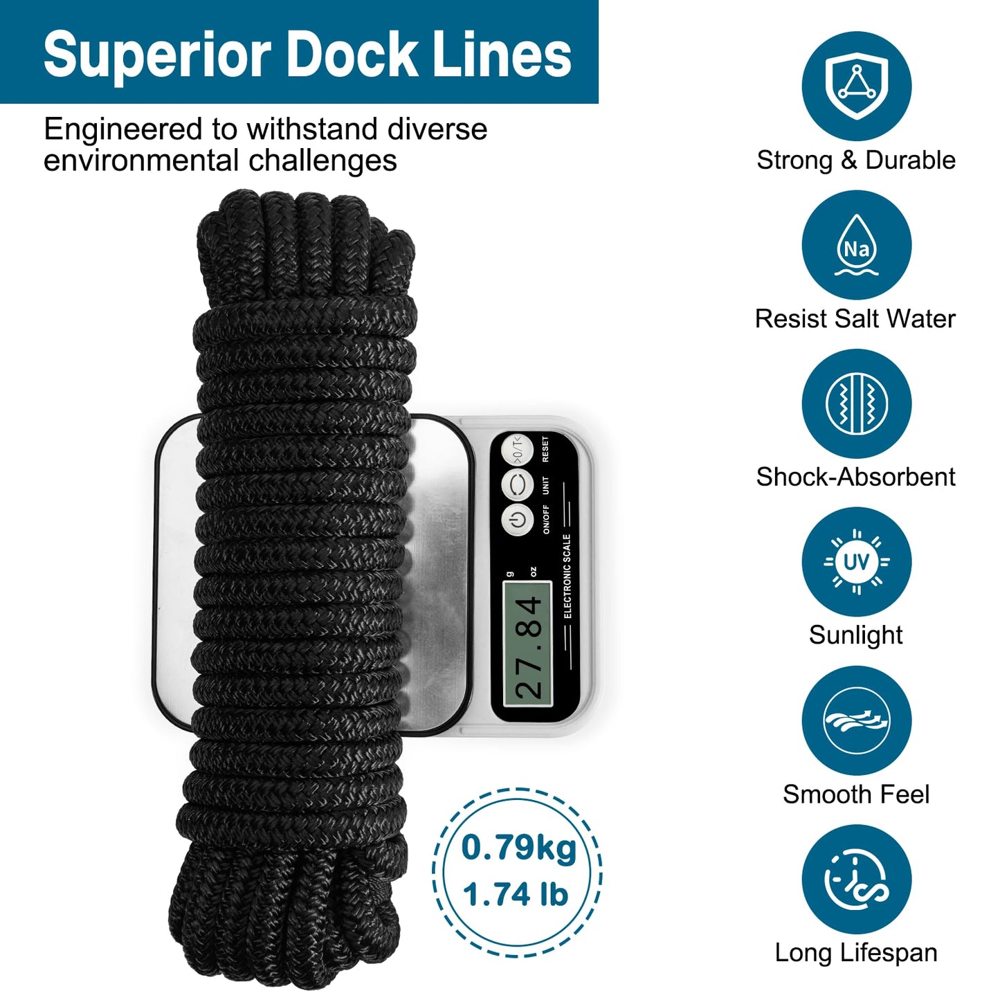 4 Pack 1/2" x 25’ Boat Dock Lines for Boat & Pontoon, Premium Marine- Grade Double Braided Nylon Dock Line, Pre-Spliced with a 12" Eyelet-Black,Boating Gifts for Men