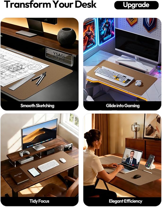 YSAGi Leather Desk Protector, Office Mat, Large Mouse Mat, Non-Slip PU Leather Blotter, Laptop Desk Mat, Waterproof Writing Pad for Office and Home(Shiny Bronze, 42" x 17.2")