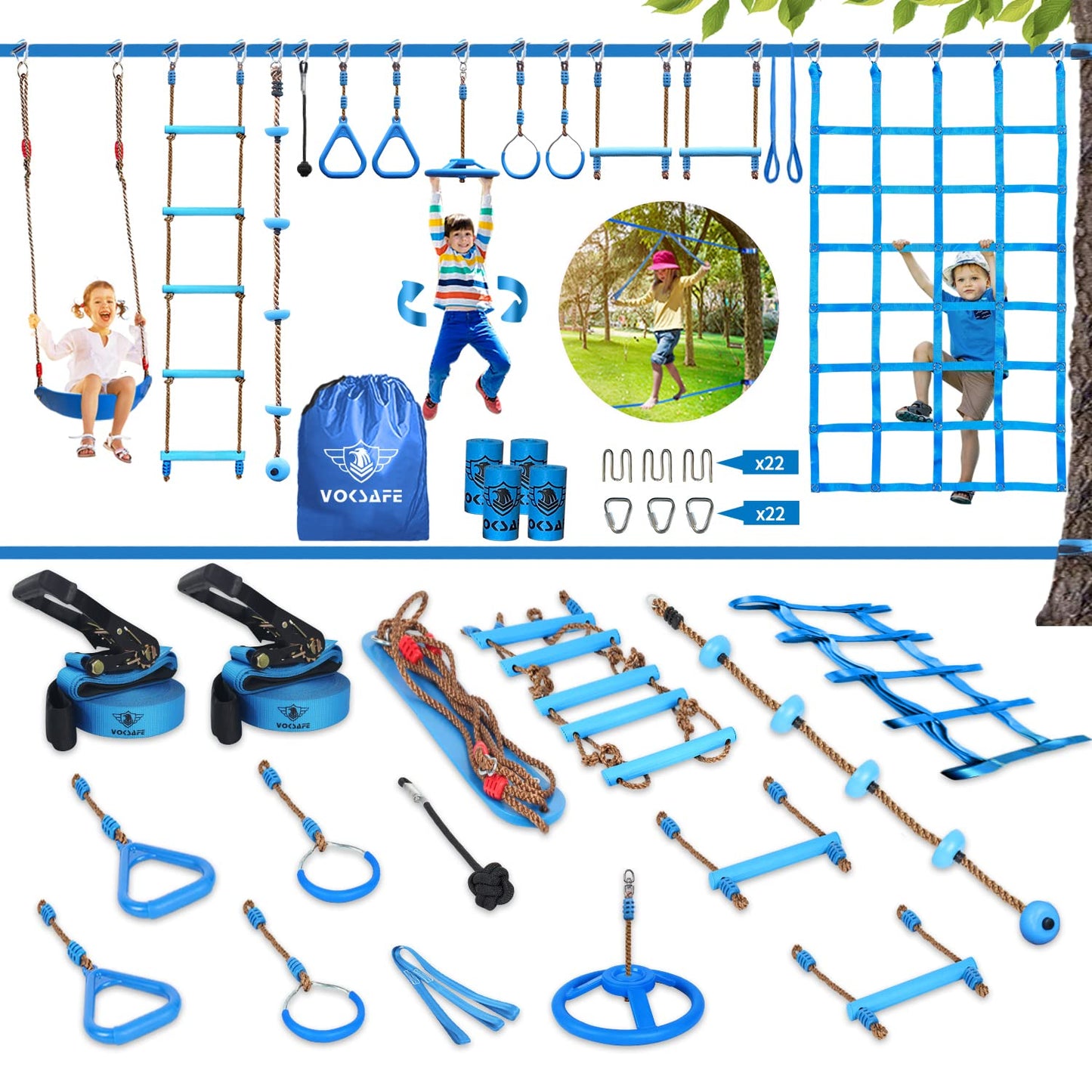 VOKSAFE 56' Weatherproof Ninja Warrior Hanging Obstacle Course Line Backyard Training Equipment Set for Kids, 12 Obstacles, Like Walking Line, Net, Swing