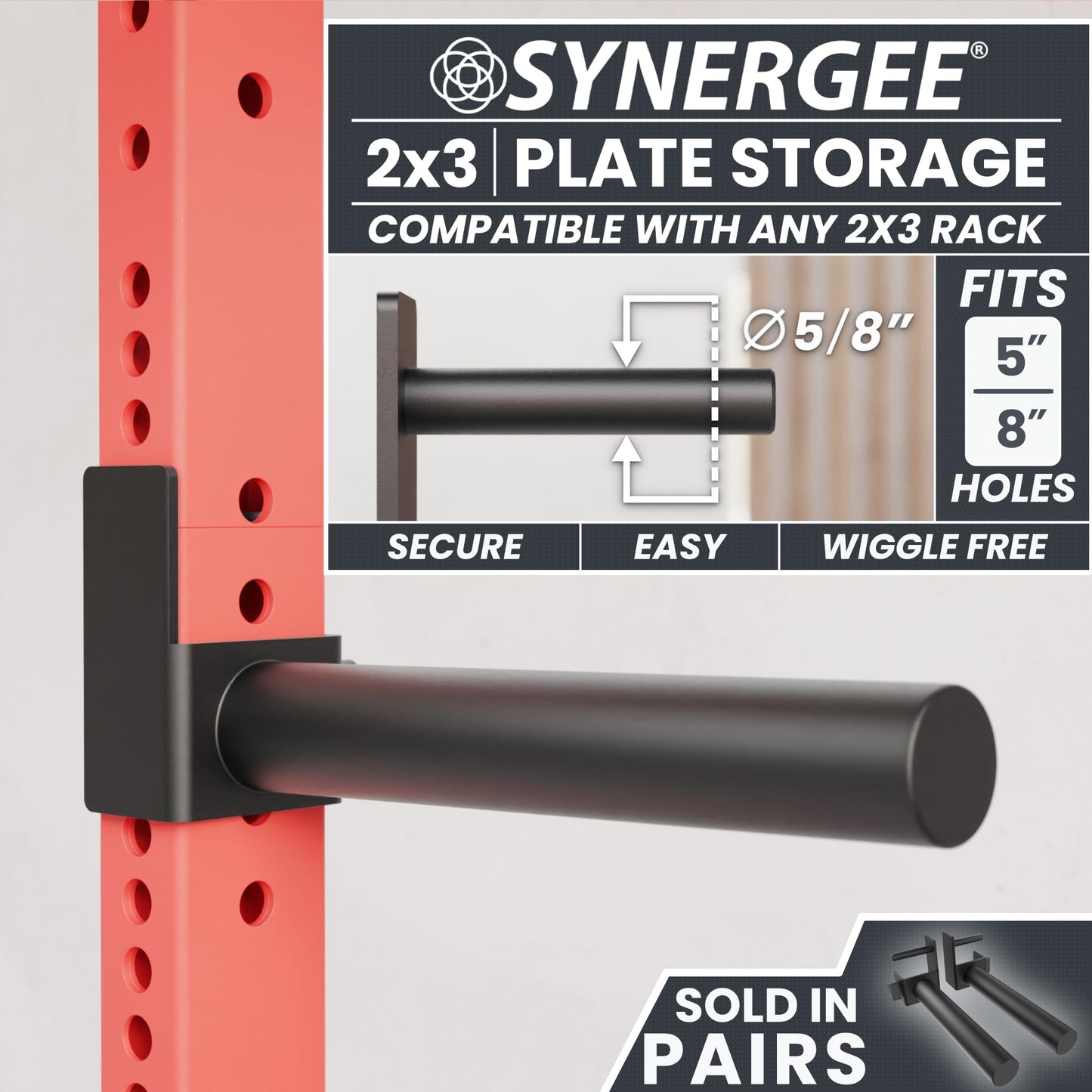 Synergee Weight Plate Storage Peg for 2x3 Power and Squat Racks. Fits 5/8" Holes. Rack-Mounted Olympic Plate Holder for Organized Weight Storage.