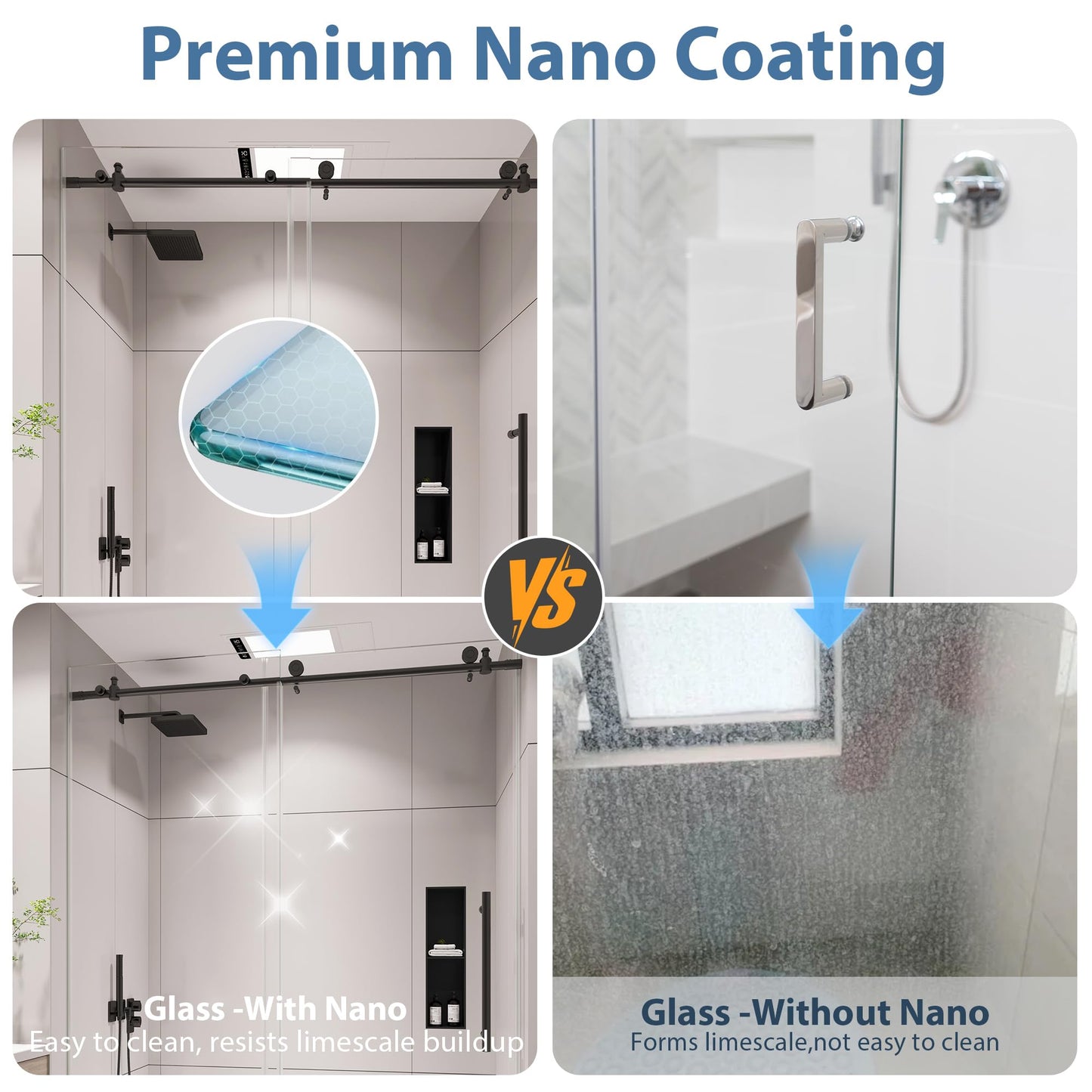 KPUY Frameless Shower Door, 43-48" W x 76" H Sliding Glass Shower Door, 1/4" (6mm) Thick Tempered Clear Glass with Explosion-Proof Film Nano Coating, Stainless Steel Hardware, Matte Black