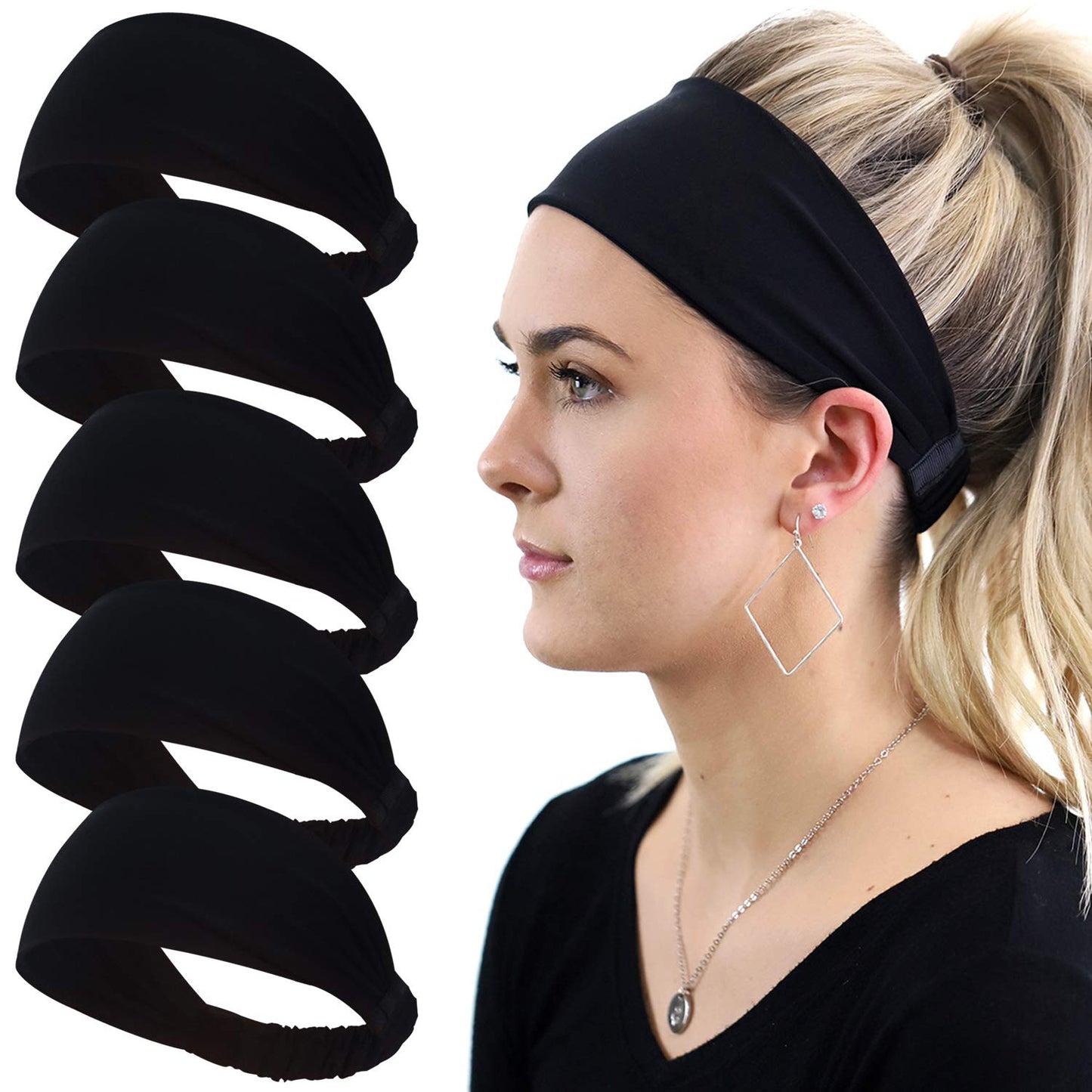Calbeing Headbands for Women, 5 Pack Black Sweat-Absorbing Sport Sweatbands, Soft Elastic Yoga Hairbands, Comfortable Hair Bands for Fitness Workout Travel Exercise