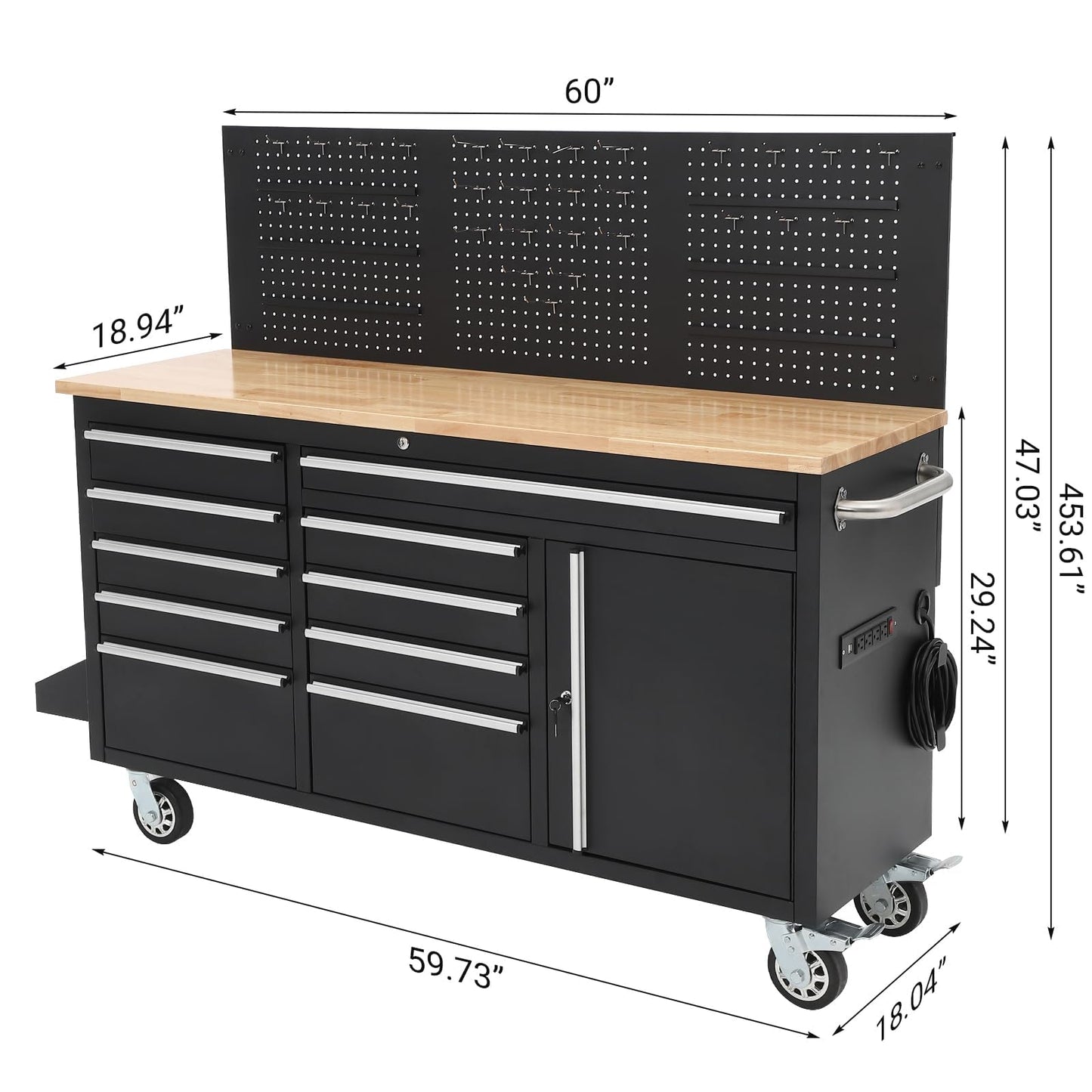 Garvee Rolling Tool Chest, 61 in Garage 10 Drawers Workbench Storage Tool Cabinet with Solid Rubber Wood Top, Power Strip, 1675 LBS Load Mobile Workstation, Heavy Duty Rolling Cabinet, Black