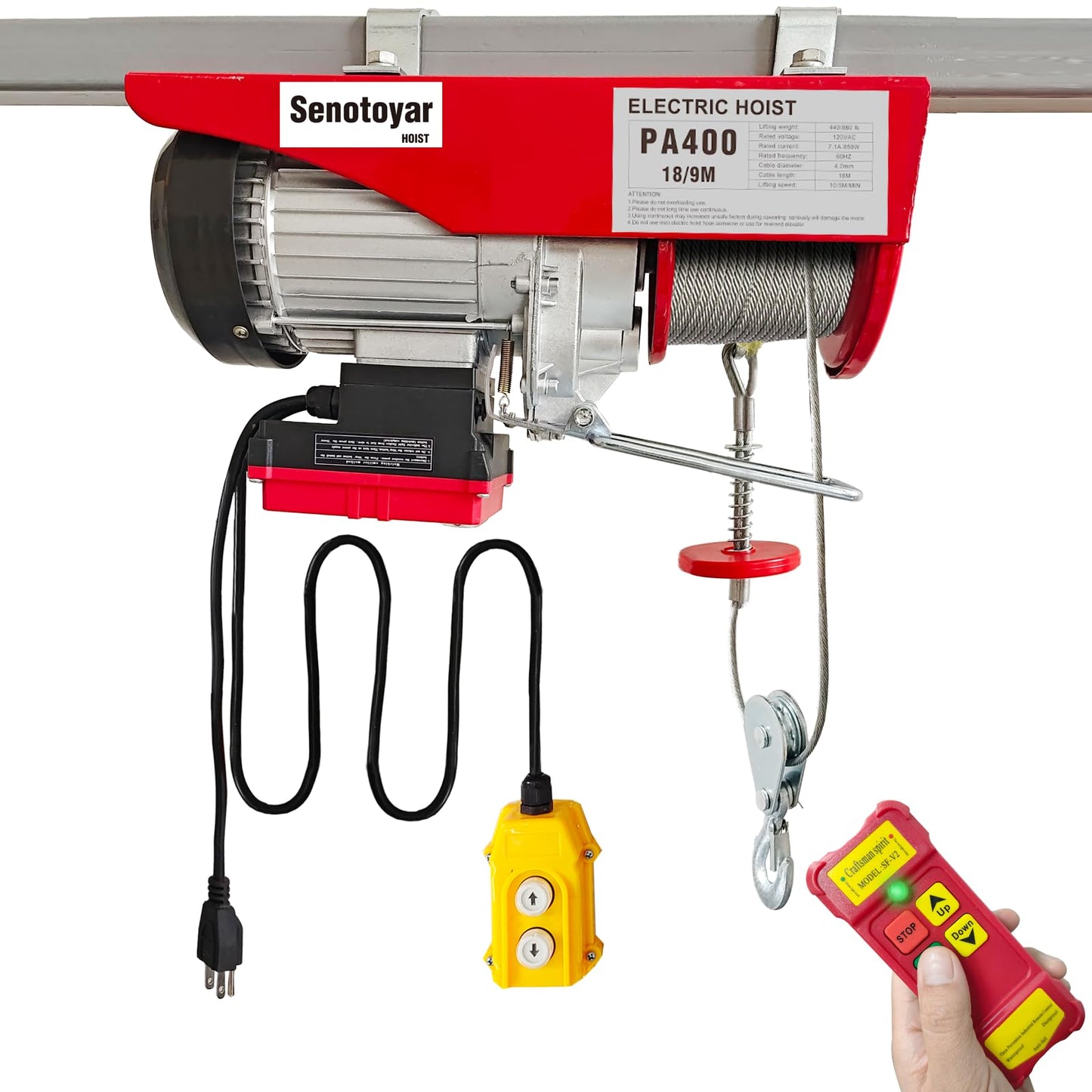 Electric Hoist 2 in 1,880lbs Electric Hoist Winch with 98ft Wireless Control&Wired Remote Control,110v Electric Hoist 59ft/29.5ft Lifting Height for Garage Warehouse Factory,Single/Double Slings