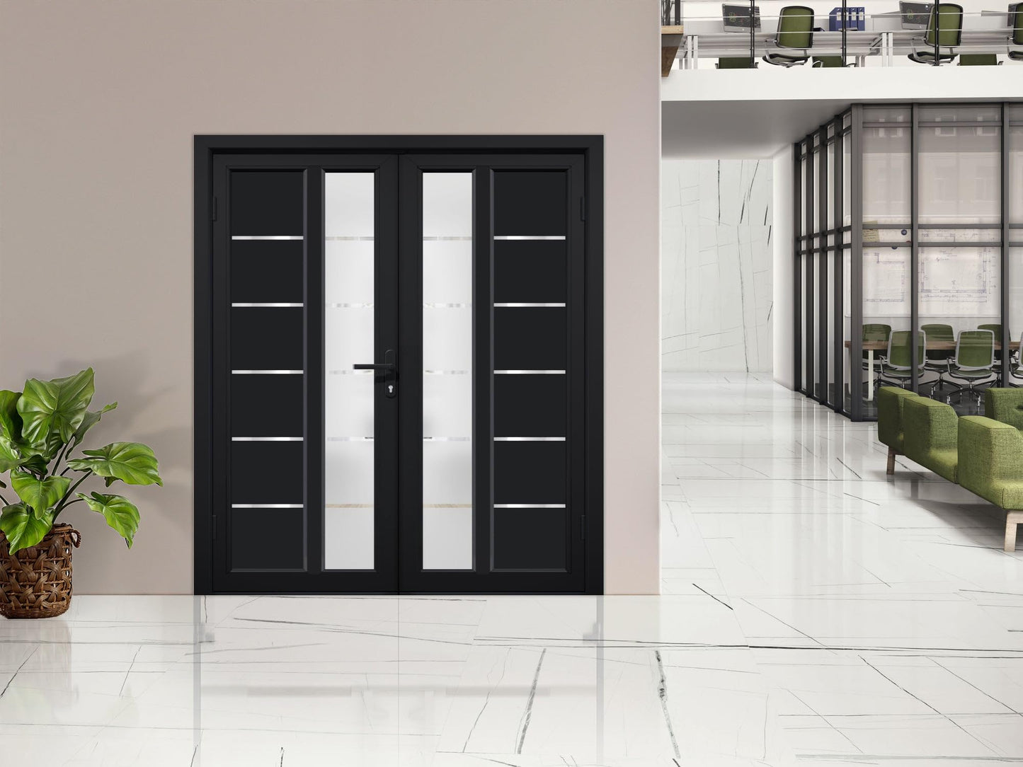 VDOMDOORS Front Exterior Prehung Metal-Plastic Double Doors/MANUX 8088 Matte Black/Residential Doors Entrance Patio Garage 72 x 80