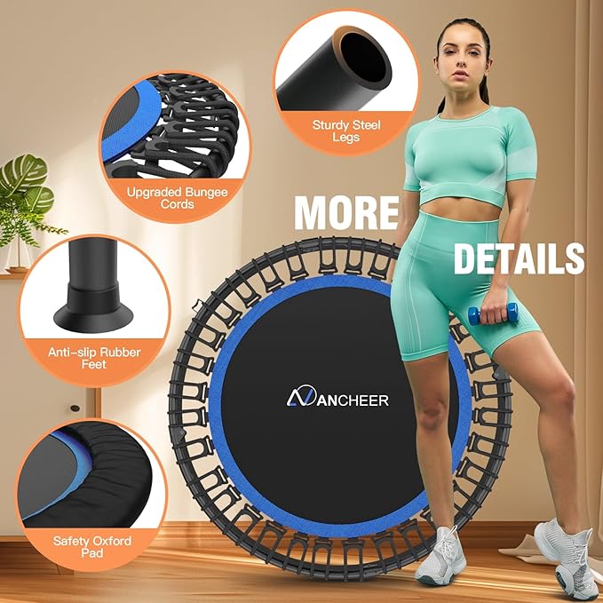 ANCHEER 40" Foldable Mini Trampoline,Max Load 450lbs/550lbs Indoor Trampoline,with 4 Level Adjustable Foam Handle and Resistance Bands,Adult Exercise Trampoline for Home, Garden, and Gym