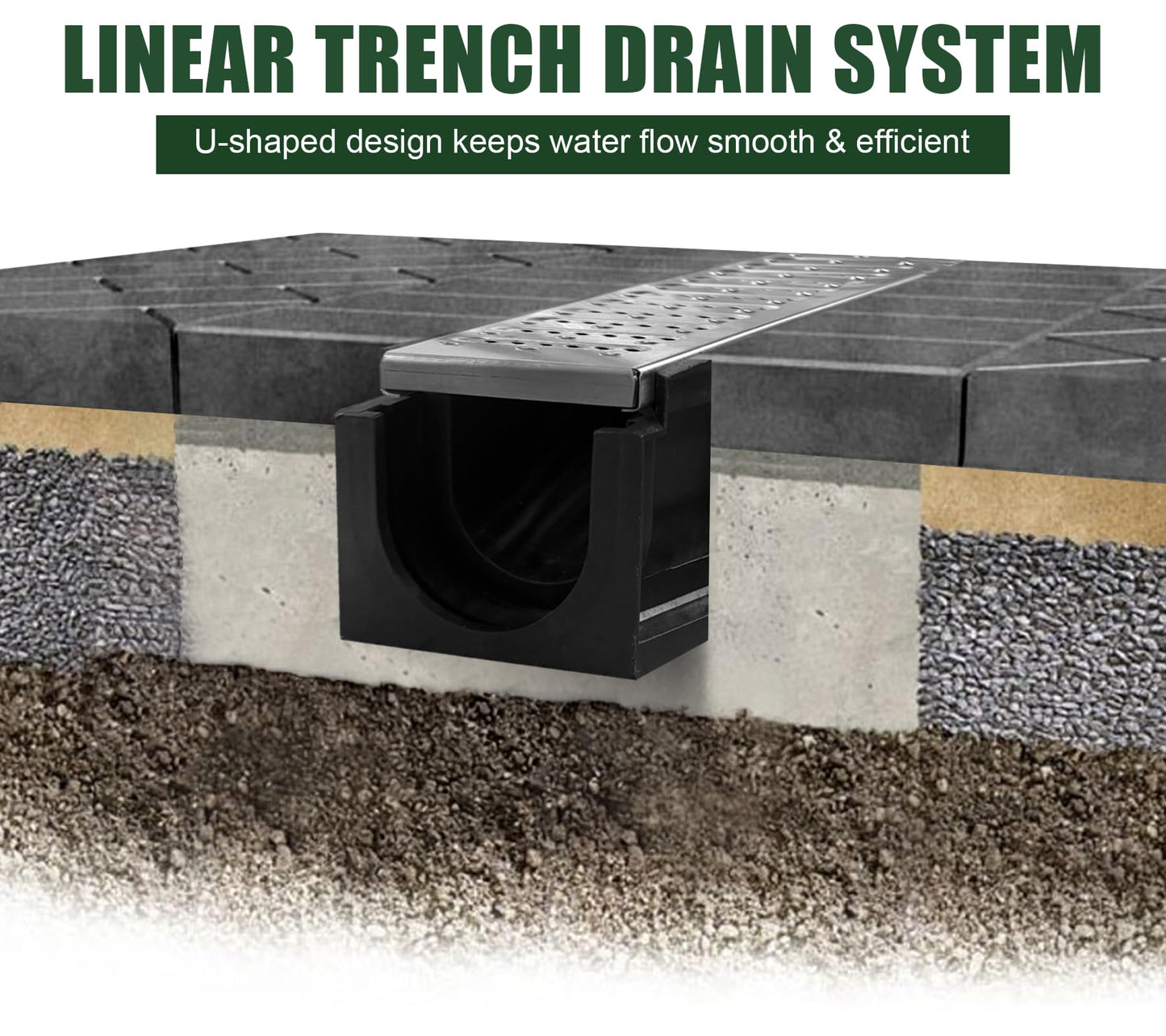 Natotela Channel Drain with 304 Stainless Steel Grate-39.4Lx6.1Wx5.5H in. Deep Profile Trench Drain System for Landscaping,3 Pack Total Length 118.2in,A15 Drainage System for Patio Commercial