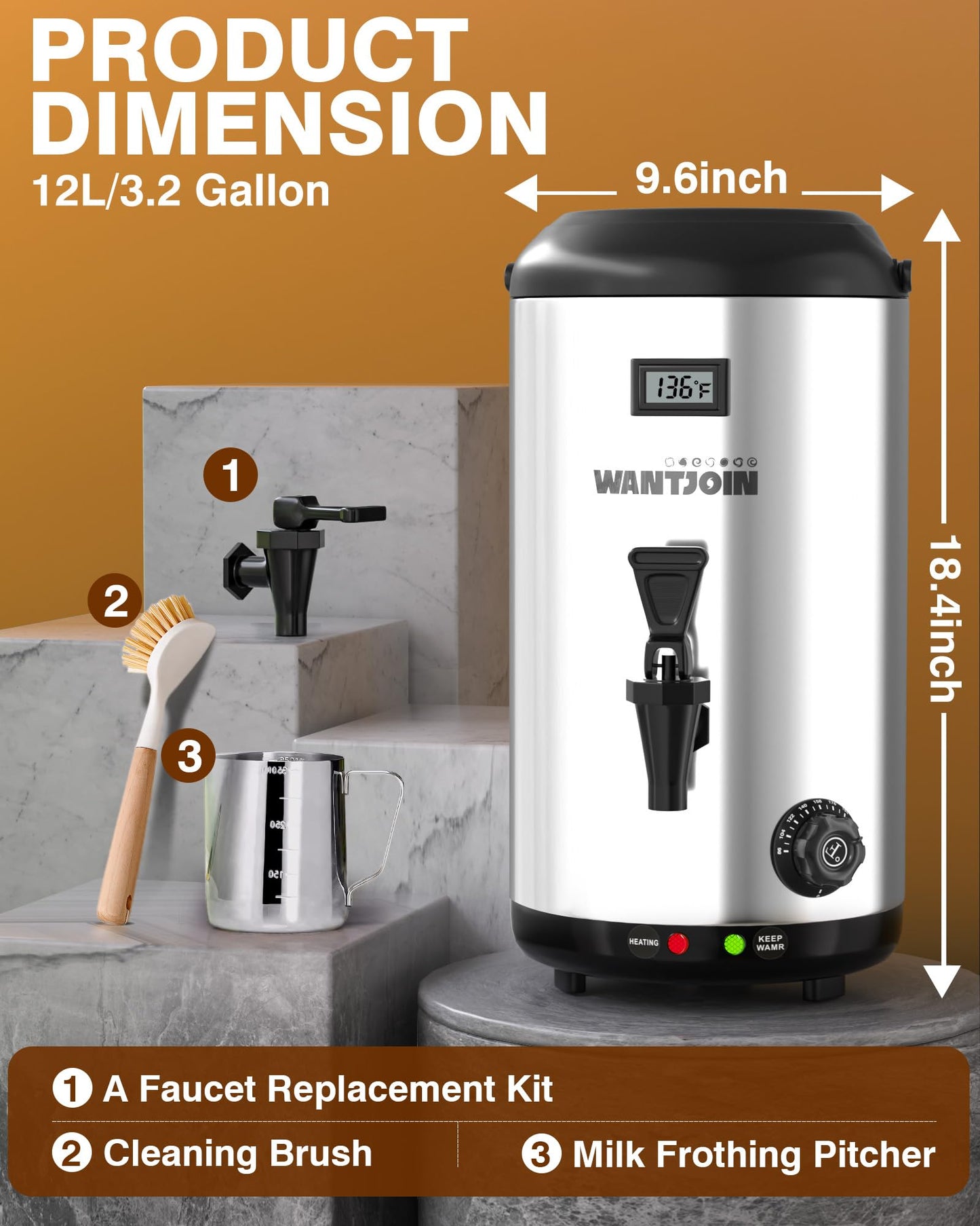 WantJoin Electric Heating Beverage Dispenser-75 Cup Hot&Cold water Urn for Catering-Stainless Steel Premium 12 L/3.2 Gallon Hot Drink Dispenser with Spigot for Coffee & Hot tea,Cold Milk,Juice(Silver)