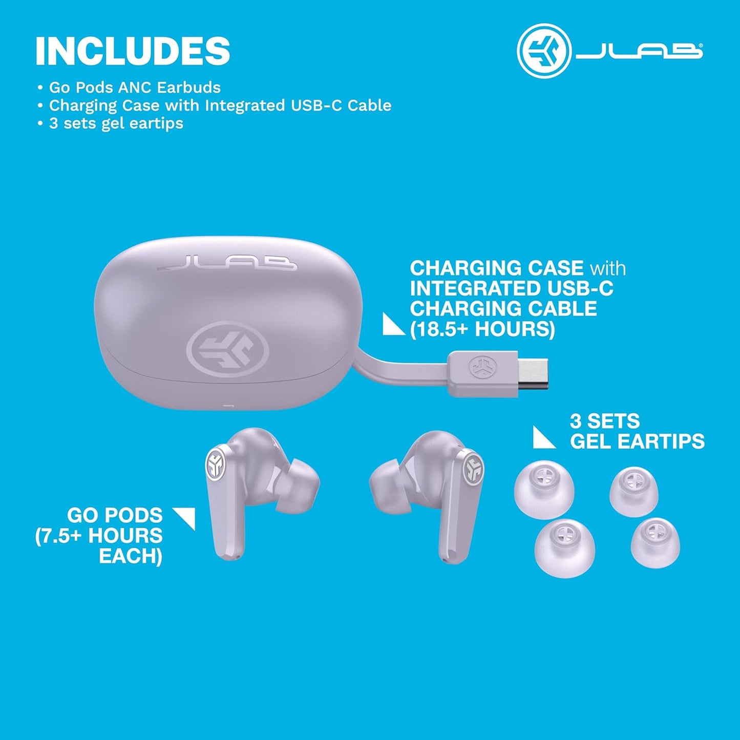 26+ JLab Go Pods ANC True Wireless Bluetooth Earbuds & Charging Case, Hybrid Active Noise canceling + Be Aware for Safe