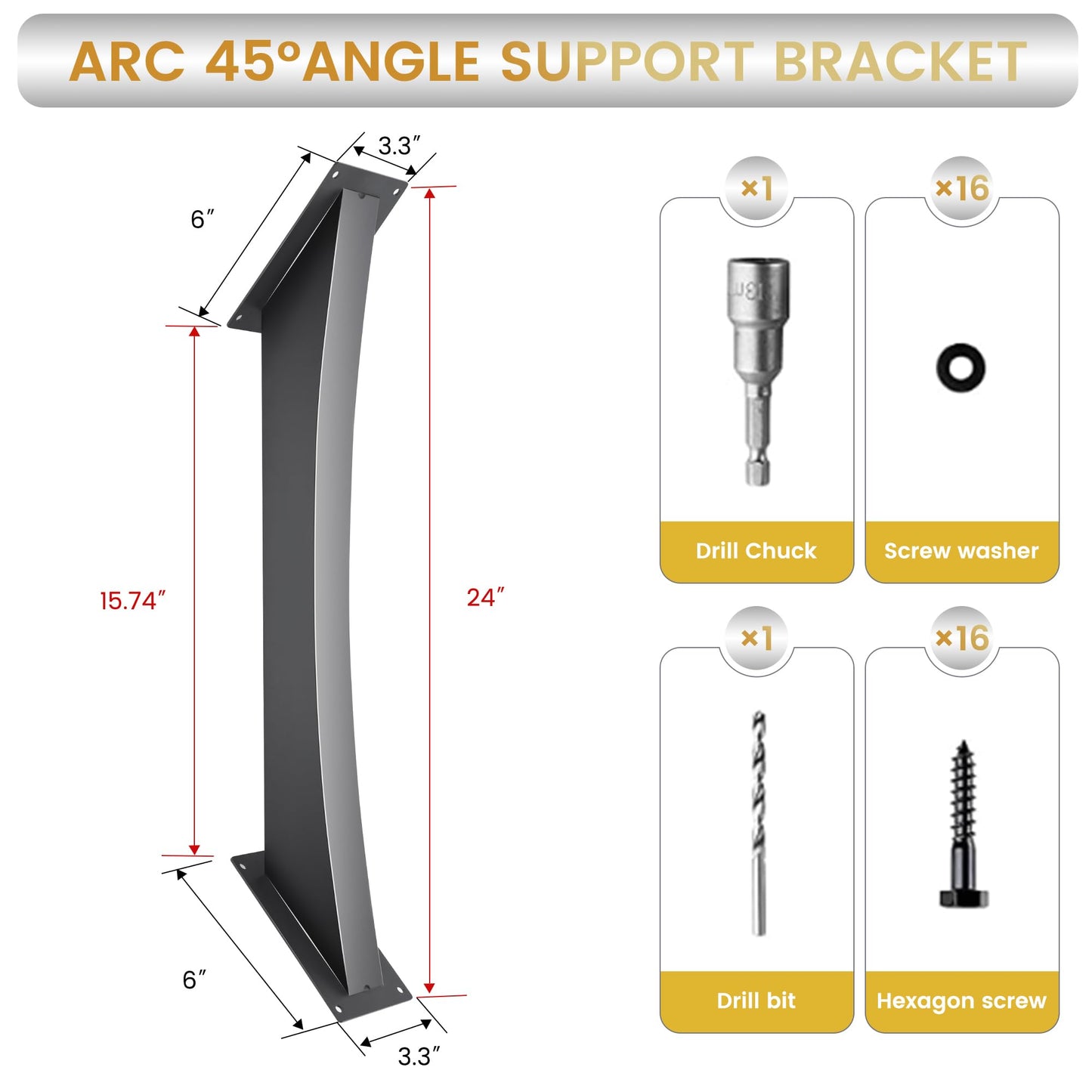 2 Pcs 45 Degree Angle Support Brackets for 2"x4" (Actual Tube Dia: 1.5"x3.2"), Heavy Duty Steel Pergola Arc Brackets, Wood Beam Support Hardware for Gazebo, Patio Pergola with Mounting Screws