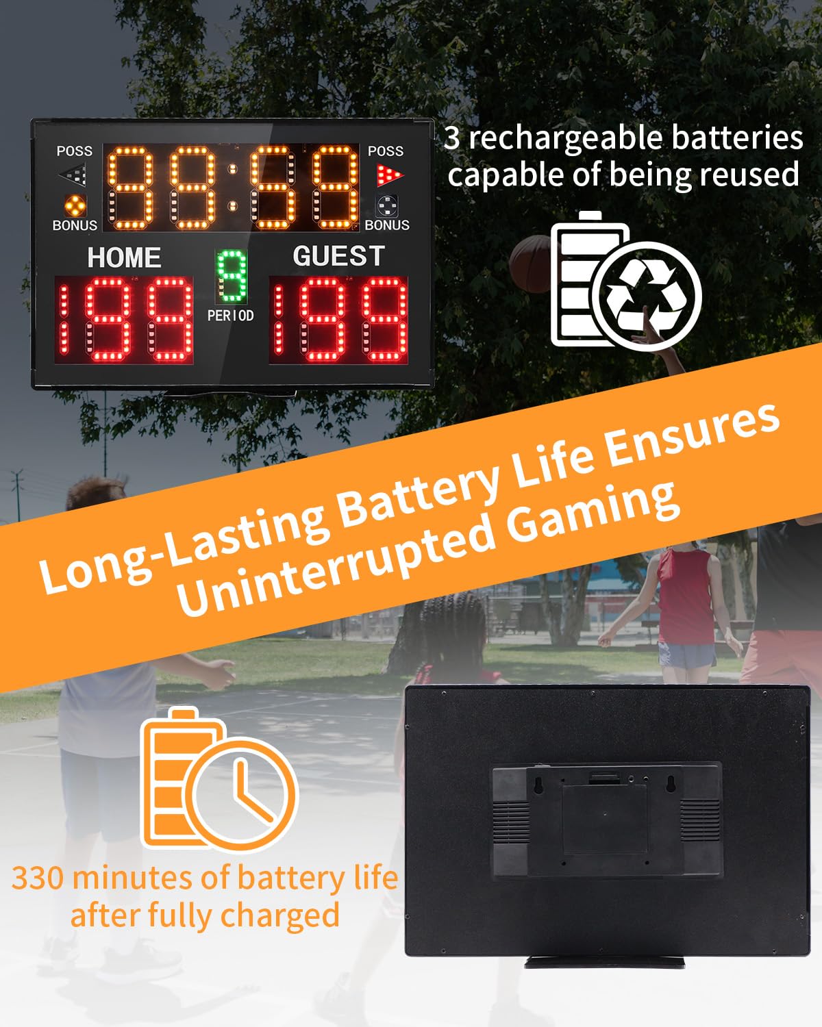 GAN XIN Basketball Digital Scoreboard with Remote,Battery Powered Portable Tabletop Electronic Scoreboard with 75dB Buzzer,Countdown Timer & Score for Games (Black,with Battery)