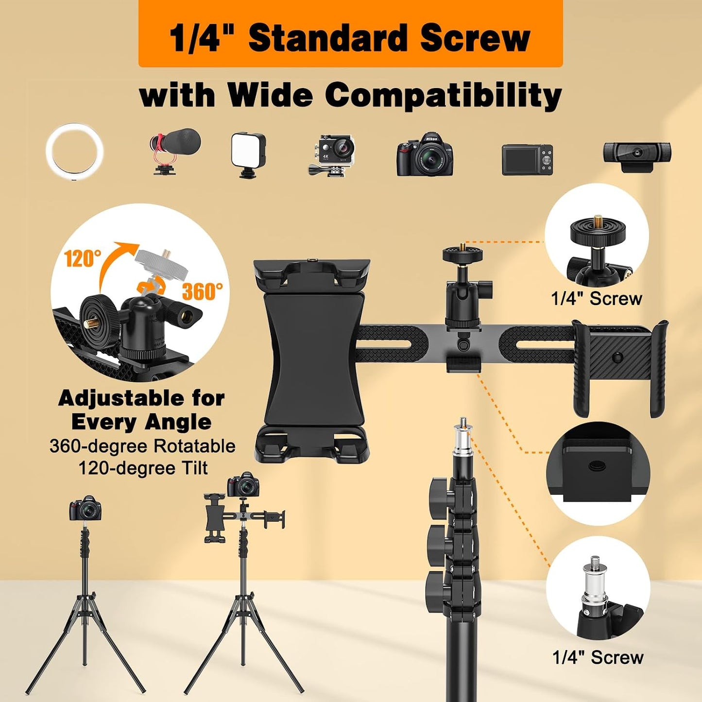 BAISHUN 63-inch 360 2 4.7-12.9 inch 1/4 inch Tripod Stand for Tablet Camera Phone, Height Adjustable iPad Mount Holder