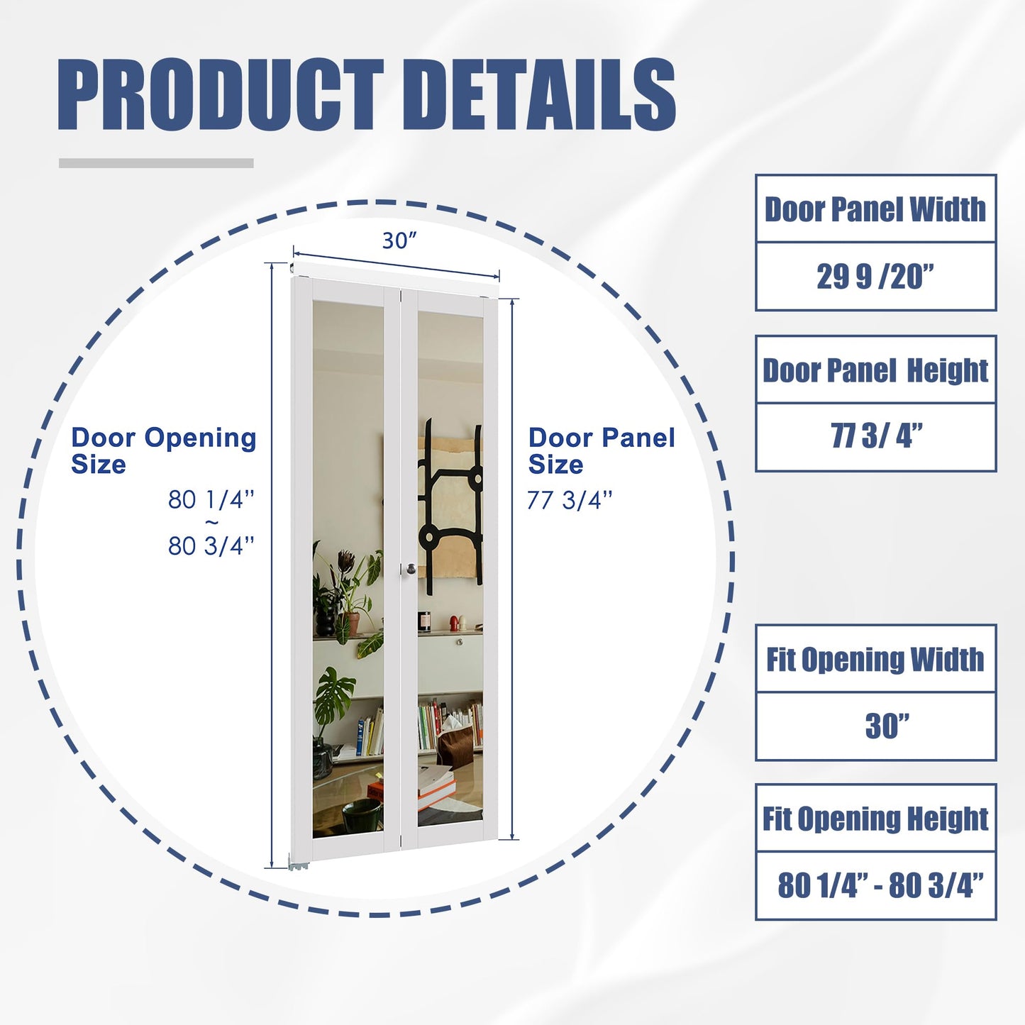 BARNER HOME Bi-Fold Doors, One Mirror Closet Doors for 30in. x 80in. Opening, Folding Closet Door with Hardware Kits, MDF, White Multifold Interior Door