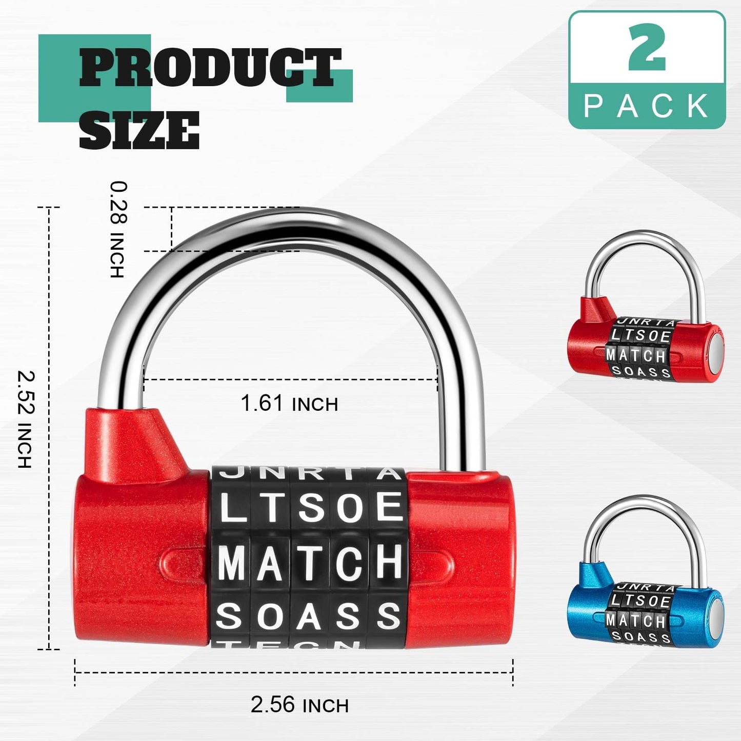 Shimeyao 2 Pcs 5 Letter Combination Lock Metal 5 Digit Lock Heavy Duty Word Gym Locker Keyless Resettable Safety Padlock for School Gym Locker Toolbox Hasp Cabinet(Blue, Red)