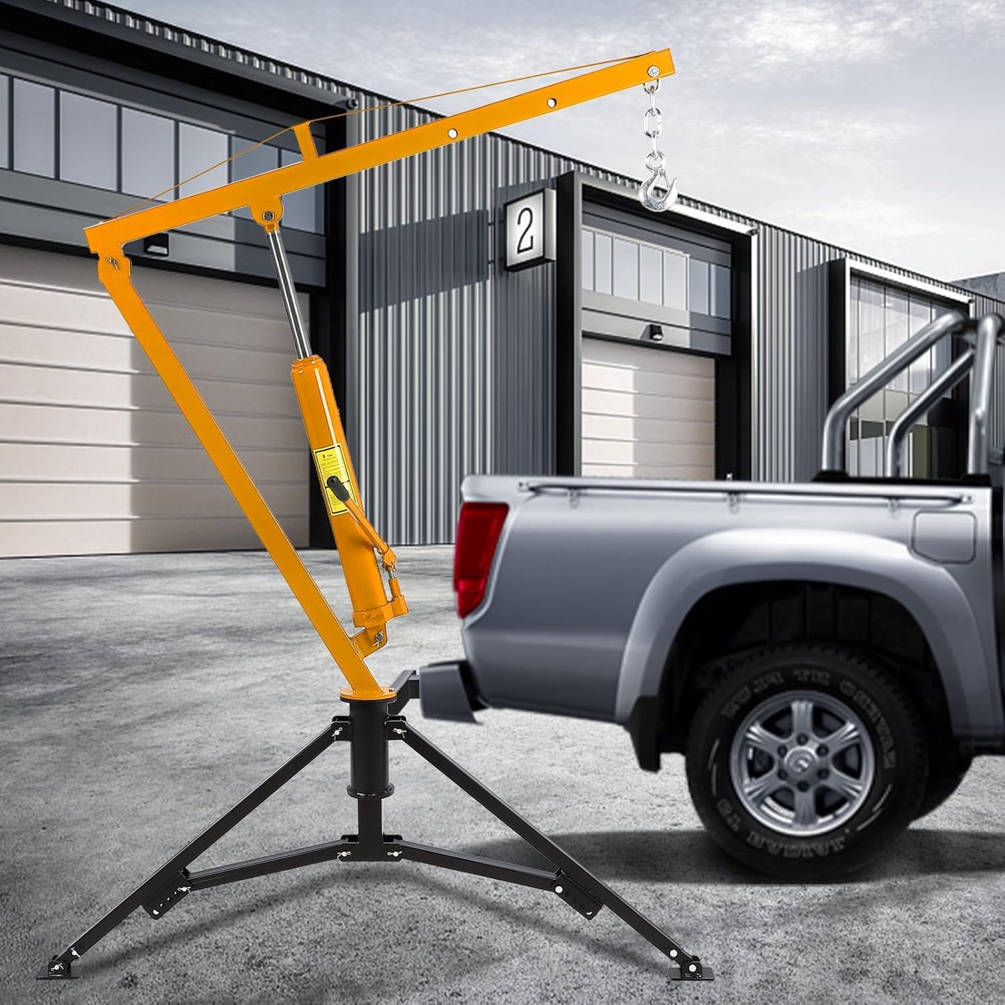 Garvee Hydraulic Pickup Truck Crane, 1000 Lbs Capacity 360°Swivel, Hitch Mounted 3-Adjustable Capacities Yellow for Lifting Goods in Construction