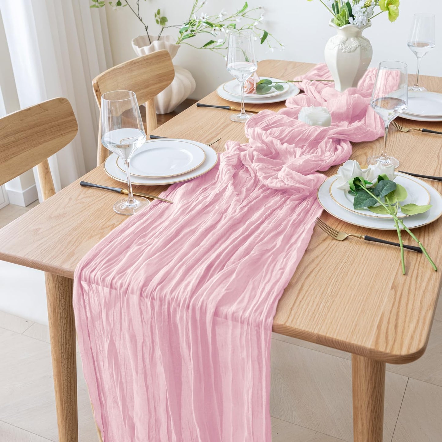 Skiennix 3PCS Table Runner Set - Blushing Pink Boho Gauze Cheesecloth for Summer Weddings & Parties