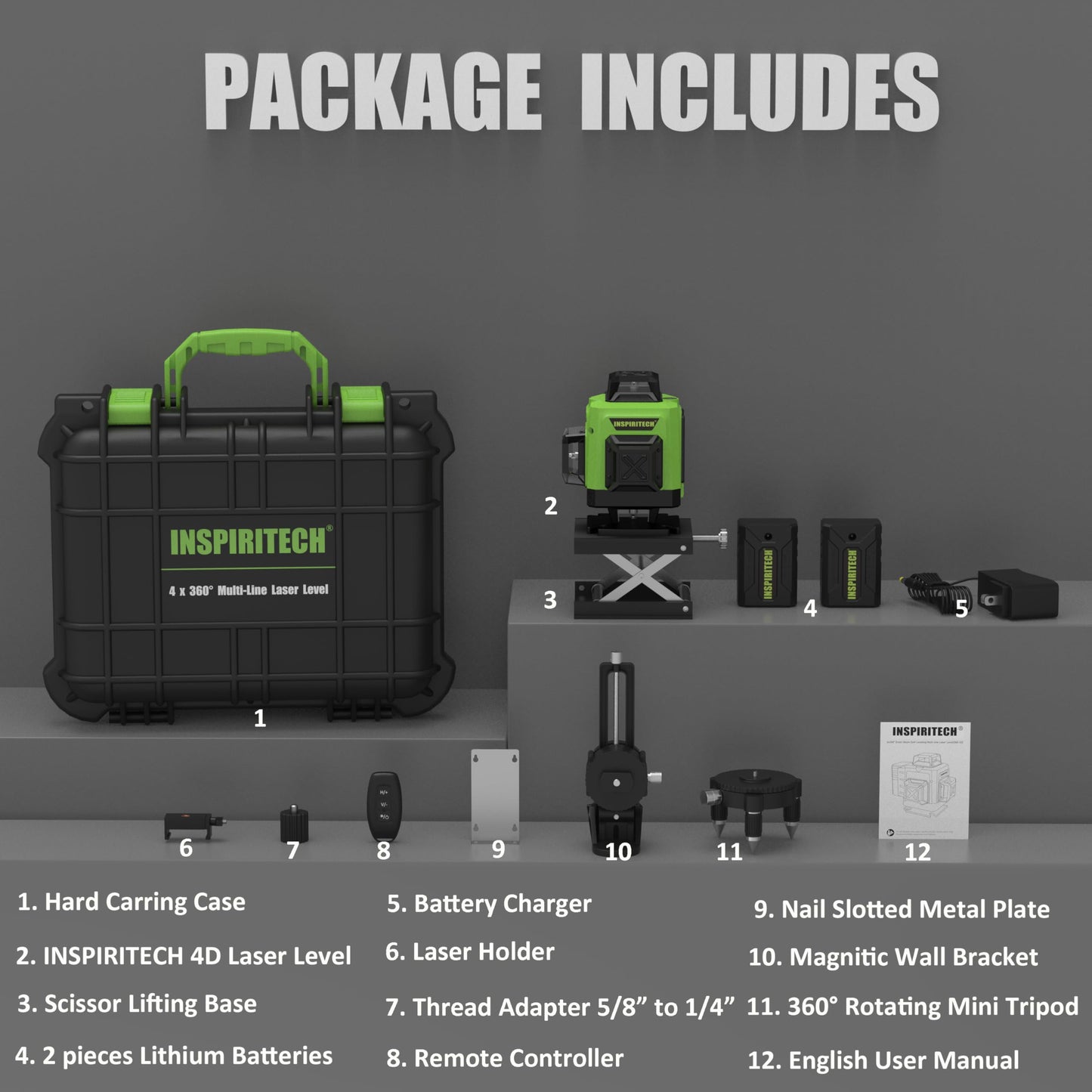 INSPIRITECH Laser Level 360 Self Leveling for Tiling Floor Wall Ceiling Construction, 4x360 Horizontal Vertical Cross Line Multi Surface Lazer Alignment, 4D Green Beam Laser Level for Picture Hanging
