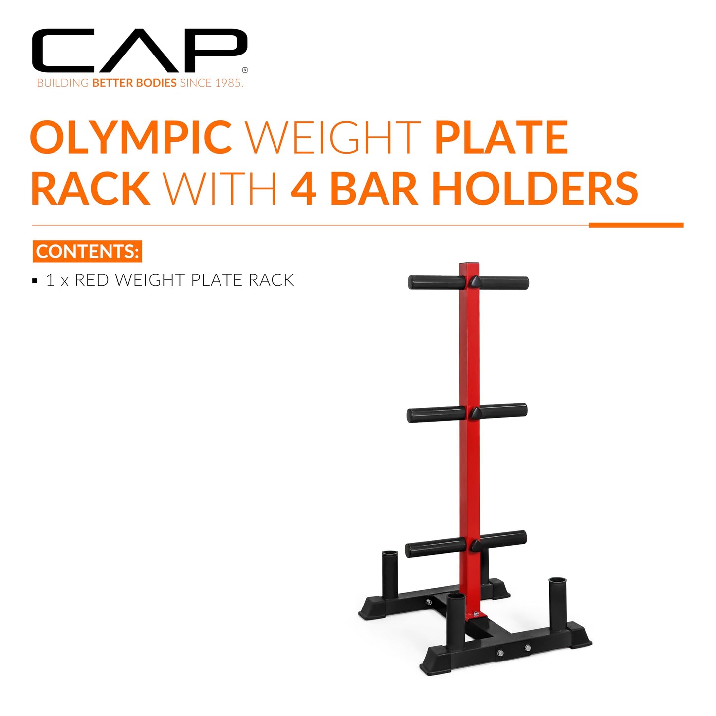 CAP Barbell Olympic Bumper Plate Tree Rack with 6 Weight Plate Posts and 4 Barbell Storage Holders – Heavy-Duty Steel Gym Organizer for Olympic Plates and Bars - Black/Red