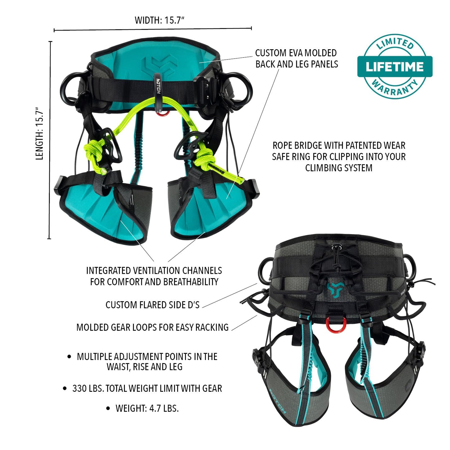 Notch Catalyst Harness-Size 1, Custom EVA Molded Back & Leg panels, Integrated Ventilation Channels, Multiple Adjustment Points, Custom Flared Side D Rings, 330 lbs Total Weight Limit (CATH-1)