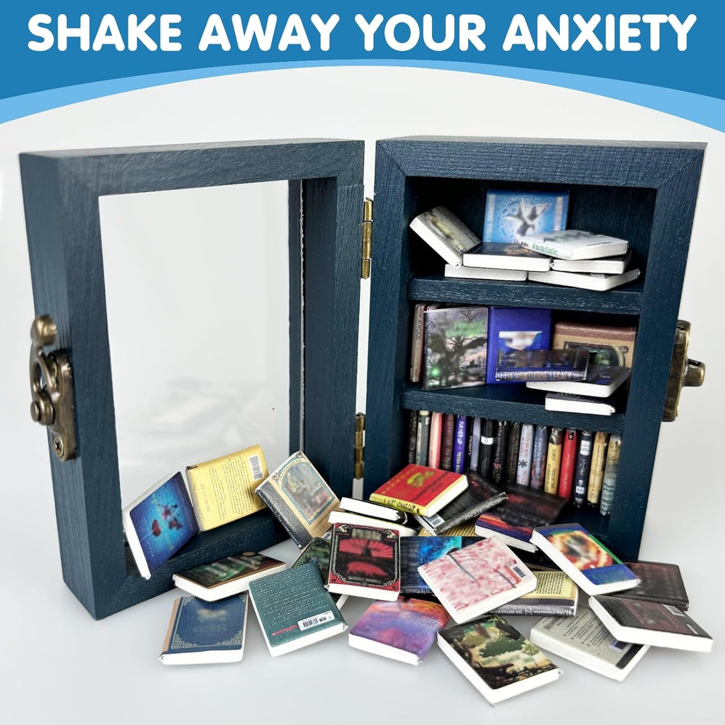 Skiennix Mini Bookshelf Ornament - Shake Away Your Anxiety | 60 Mini Books for Home Office Decor (Blue)