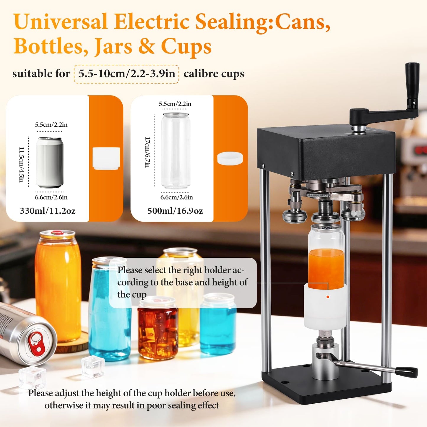 Manual Can Sealer Machine, 2.2'' caliber Cup Sealer, No Electricity Needed with Adjustable Height for 11.2/16.9oz Bottles, Table Mountable for Bubble Tea, Coffee, Smoothie Shop & Home Use