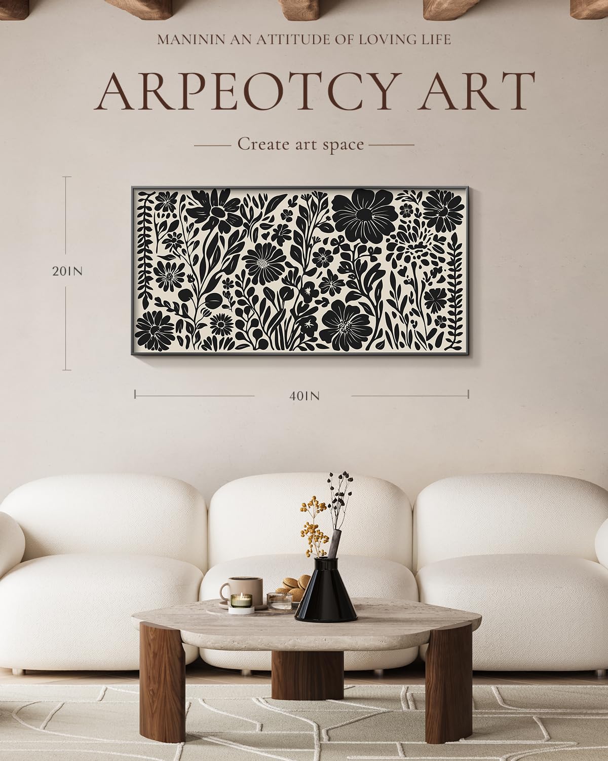 ARPEOTCY Extra Large Framed Wall Art, Black and White Large Wall Art, Abstract Botanical Floral Print Paintings, Modern Minimalist Decor Aesthetic, Boho Art for Living Room Bedroom Office, 20x40Inch