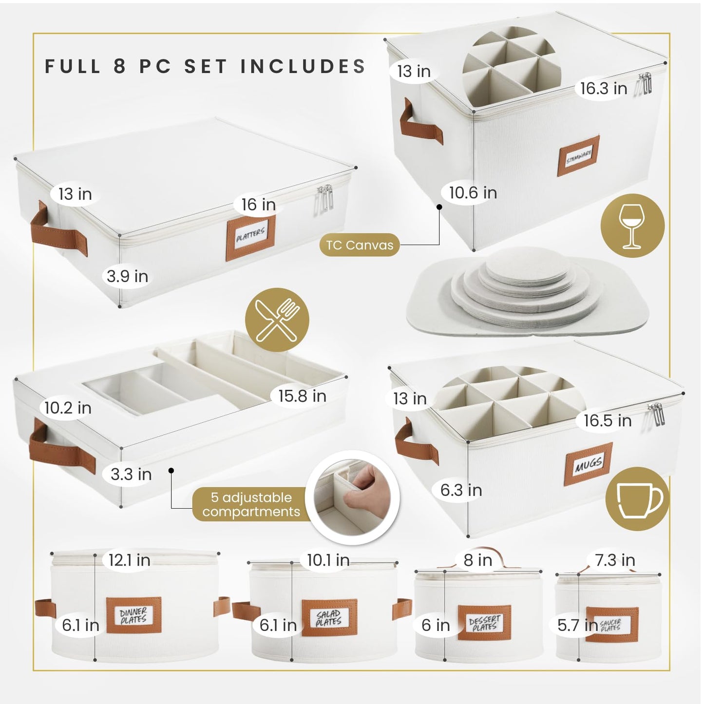 HOMELUX THEORY Hard Shell China Storage Containers, 5pc Ivory Mug & Plate Storage Box, Kitchen Storage Bins With Lids, Heavy Duty Moving Box with Handles for Dishes, Glassware, Stemware, Cup & Mug