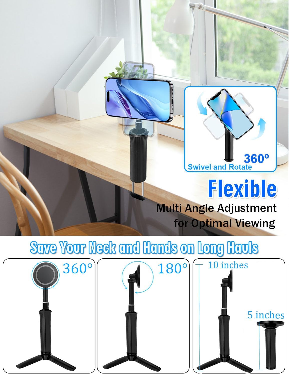 CLQ 360 16 15 14 13 4-7" Magnetic Phone Holder for Desk, for Magsafe Cell Phone Mount Clamp Clip, Rotating Adjustable