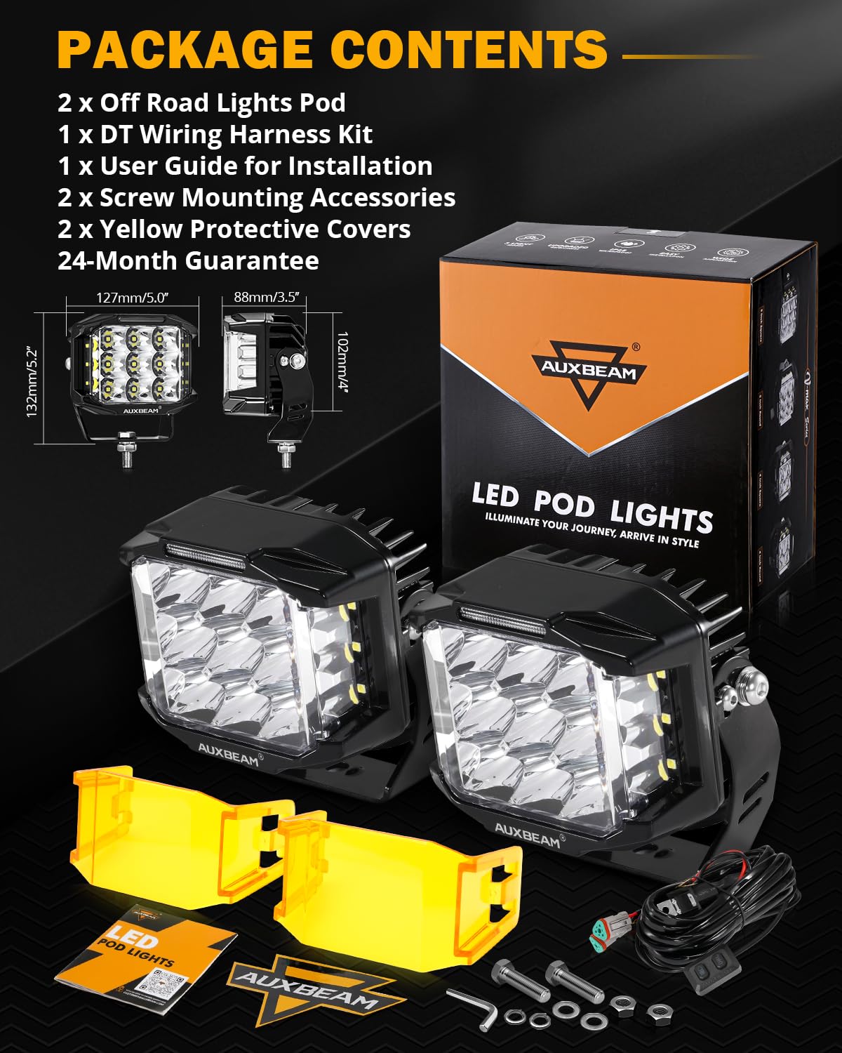 Auxbeam 5 Inch LED Pod Offroad Lights, 168W Super Bright Cube Pods Spot Flood Combo Driving Lights with Side Shooter, V-MAX Series Amber DRL Ditch Work Light with Yellow Cover for Truck Jeep SUV ATV