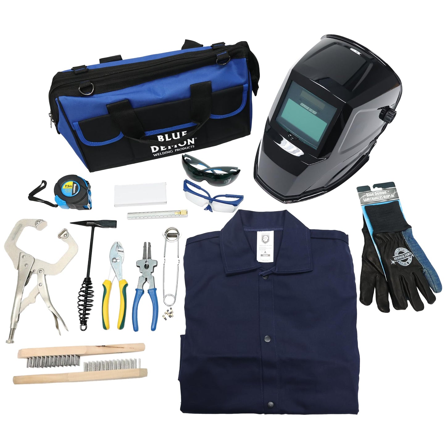 Blue Demon Welding School Kit, Essential PPE and Tools to Get You Started Welding, Comes with a Spartan 2.0 Auto Darkening Helmet, Gamechanger Heavy D’s Gloves (Large)
