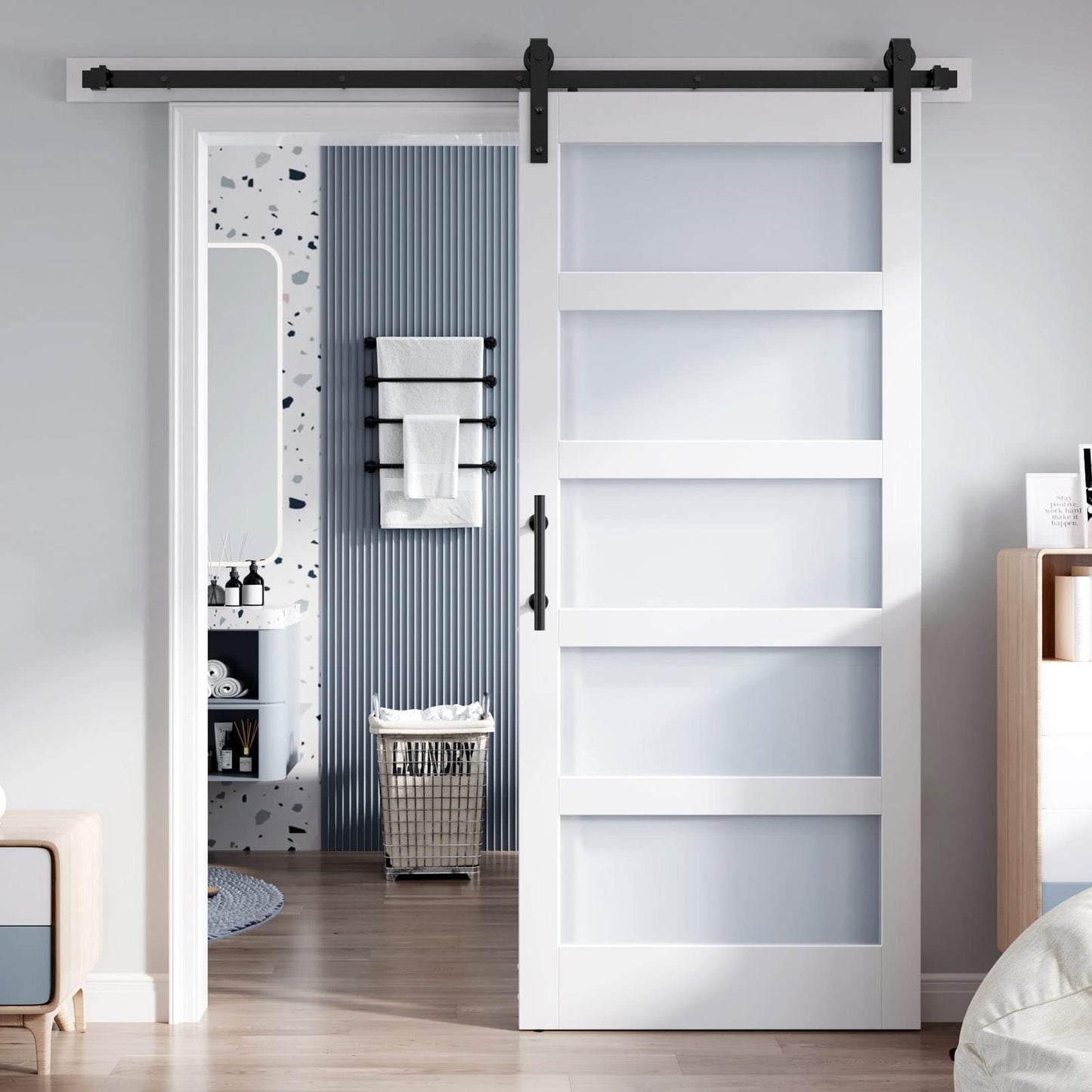 ROYMELO 38x80 Inch Glass Sliding Barn Door Slab and 6.6ft Hardware Kit Included, 5 Frosted Glass, LVL Wood Panel Covered with White Water-Proof Scratch-Proof PVC Surface, Simple DIY Assembly